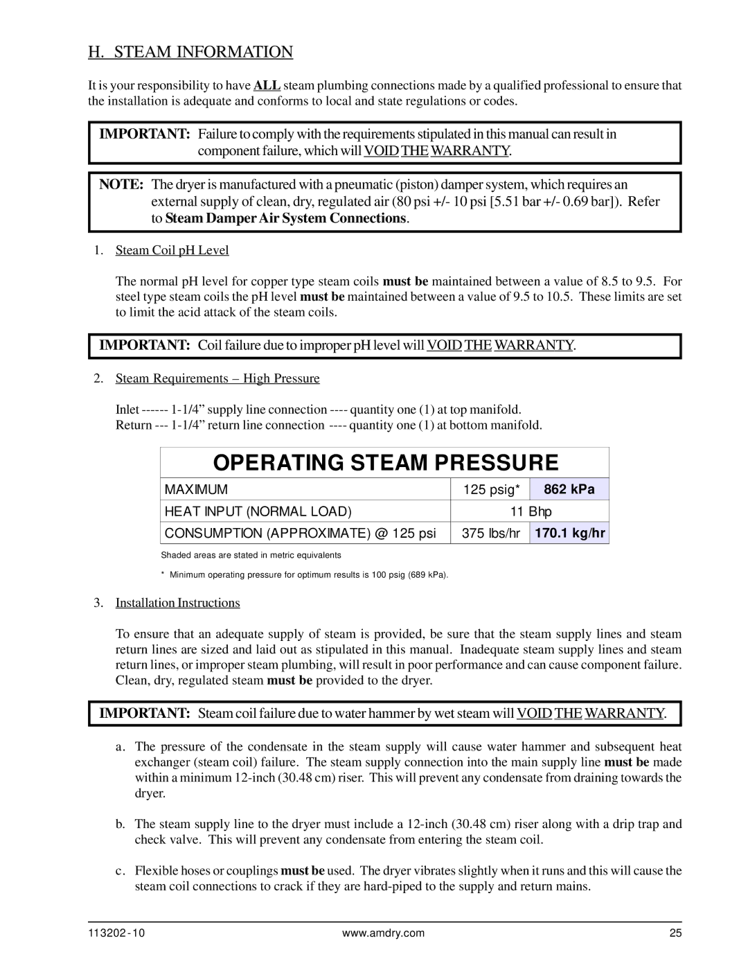 ADC AD-115ES installation manual Operating Steam Pressure, Steam Information 