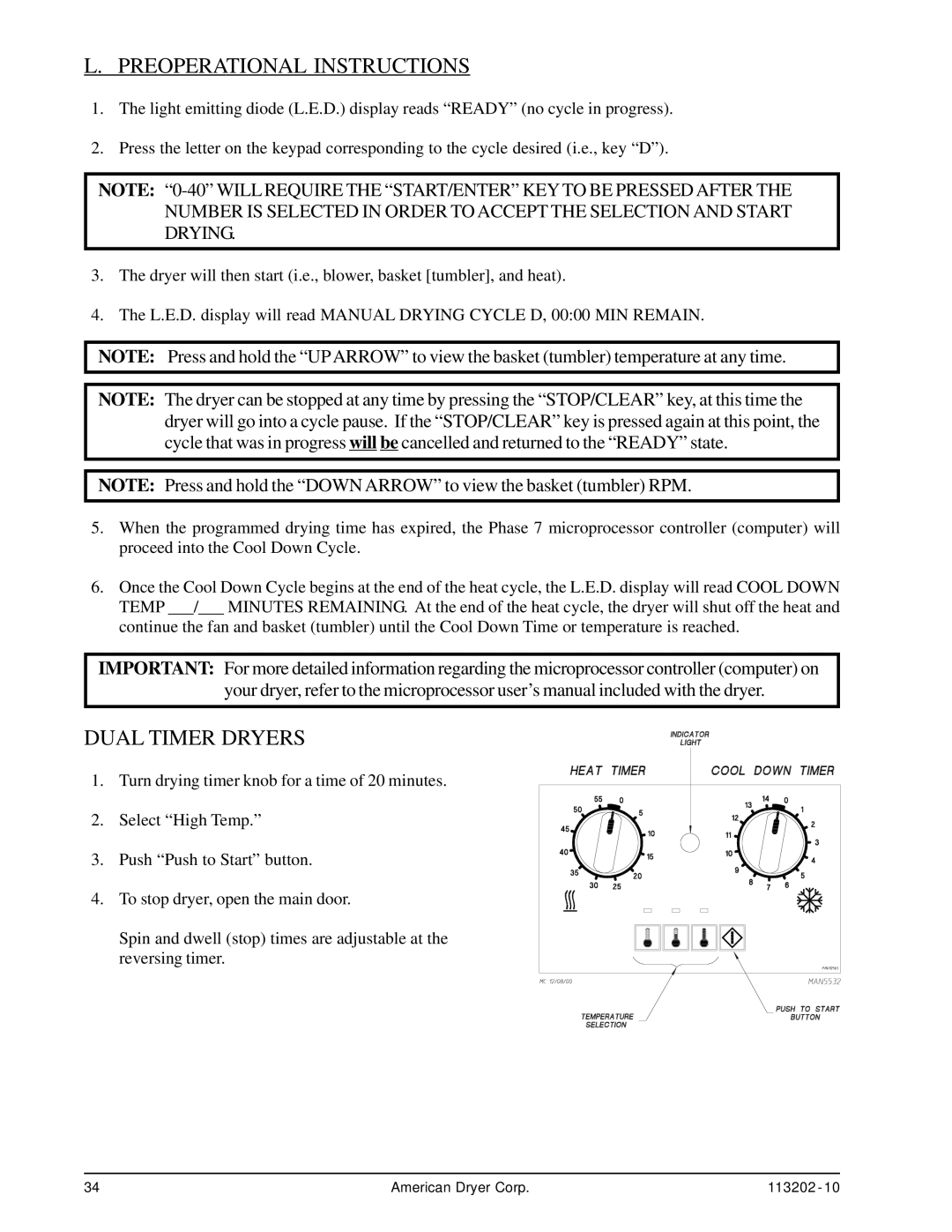 ADC AD-115ES installation manual Preoperational Instructions, Dual Timer Dryers 