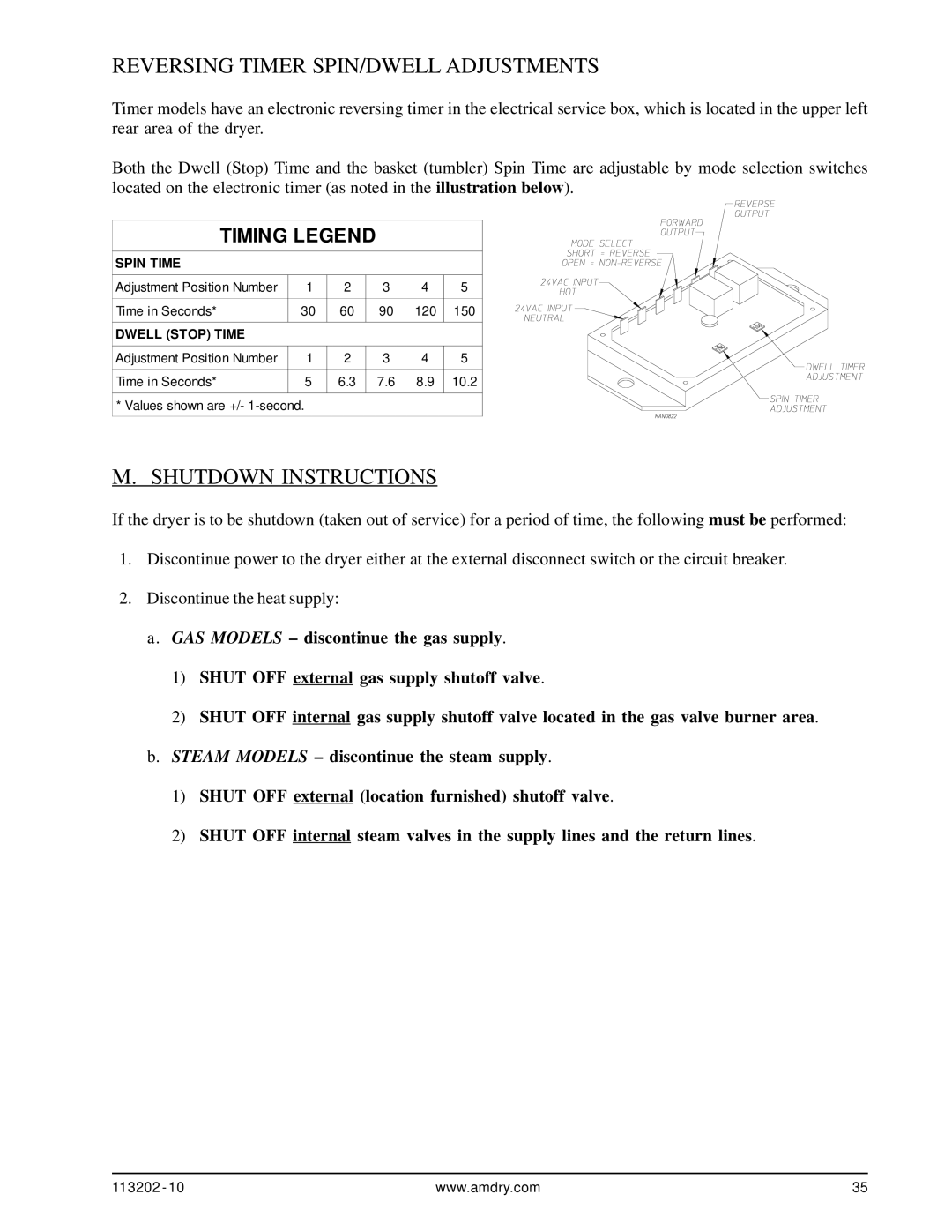 ADC AD-115ES installation manual Reversing Timer SPIN/DWELL Adjustments, Shutdown Instructions 