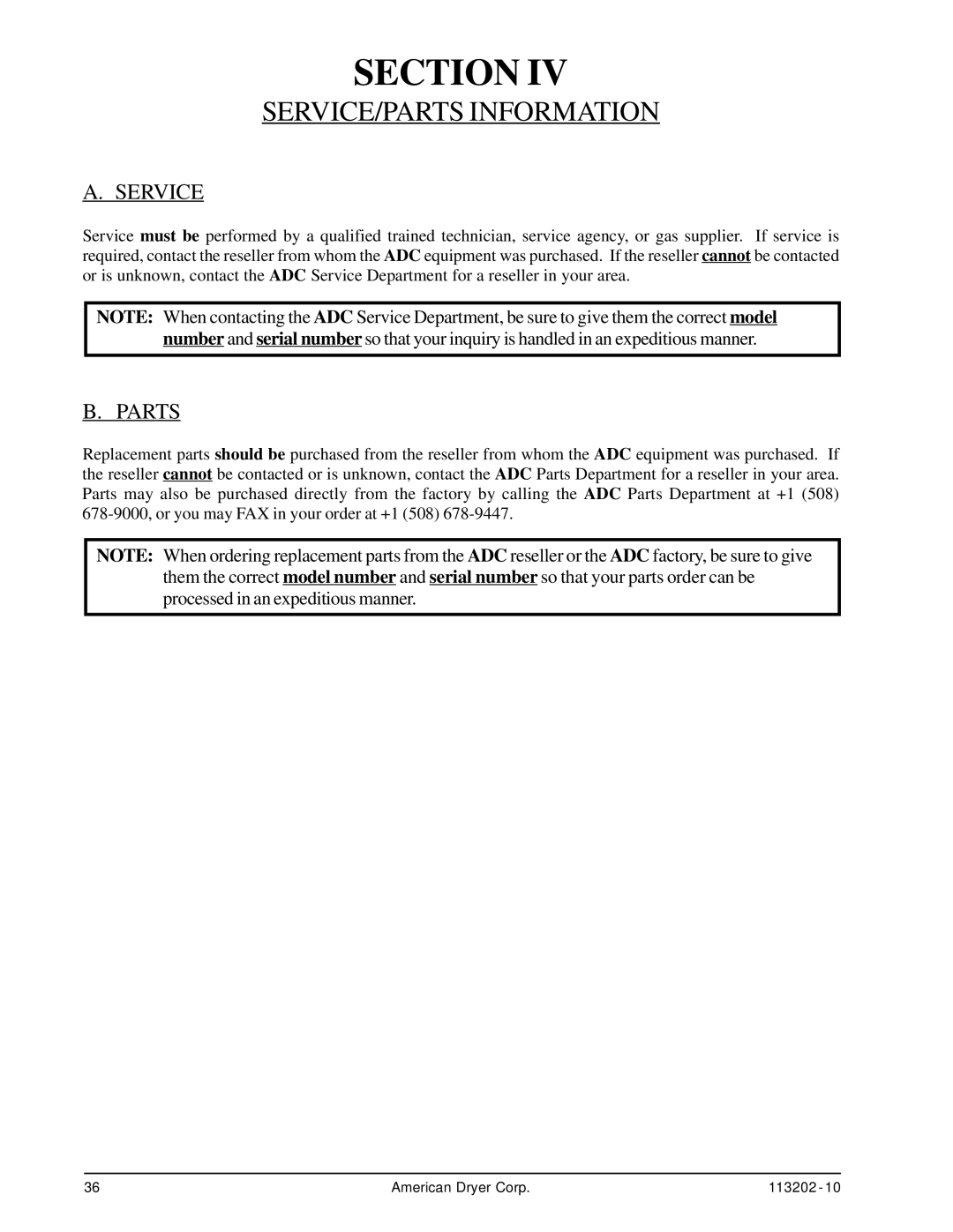 ADC AD-115ES installation manual SERVICE/PARTS Information, Service, Parts 