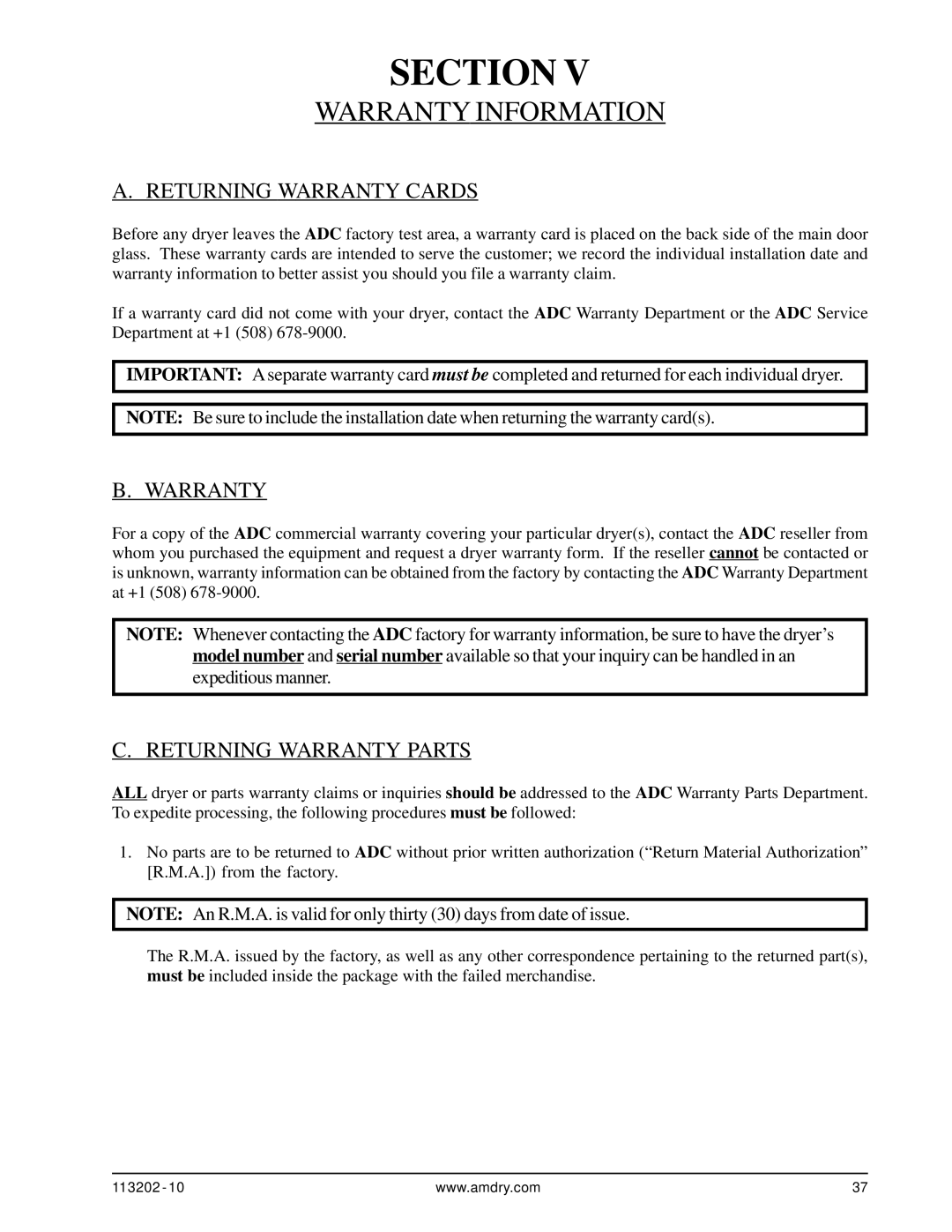 ADC AD-115ES installation manual Warranty Information, Returning Warranty Cards, Returning Warranty Parts 