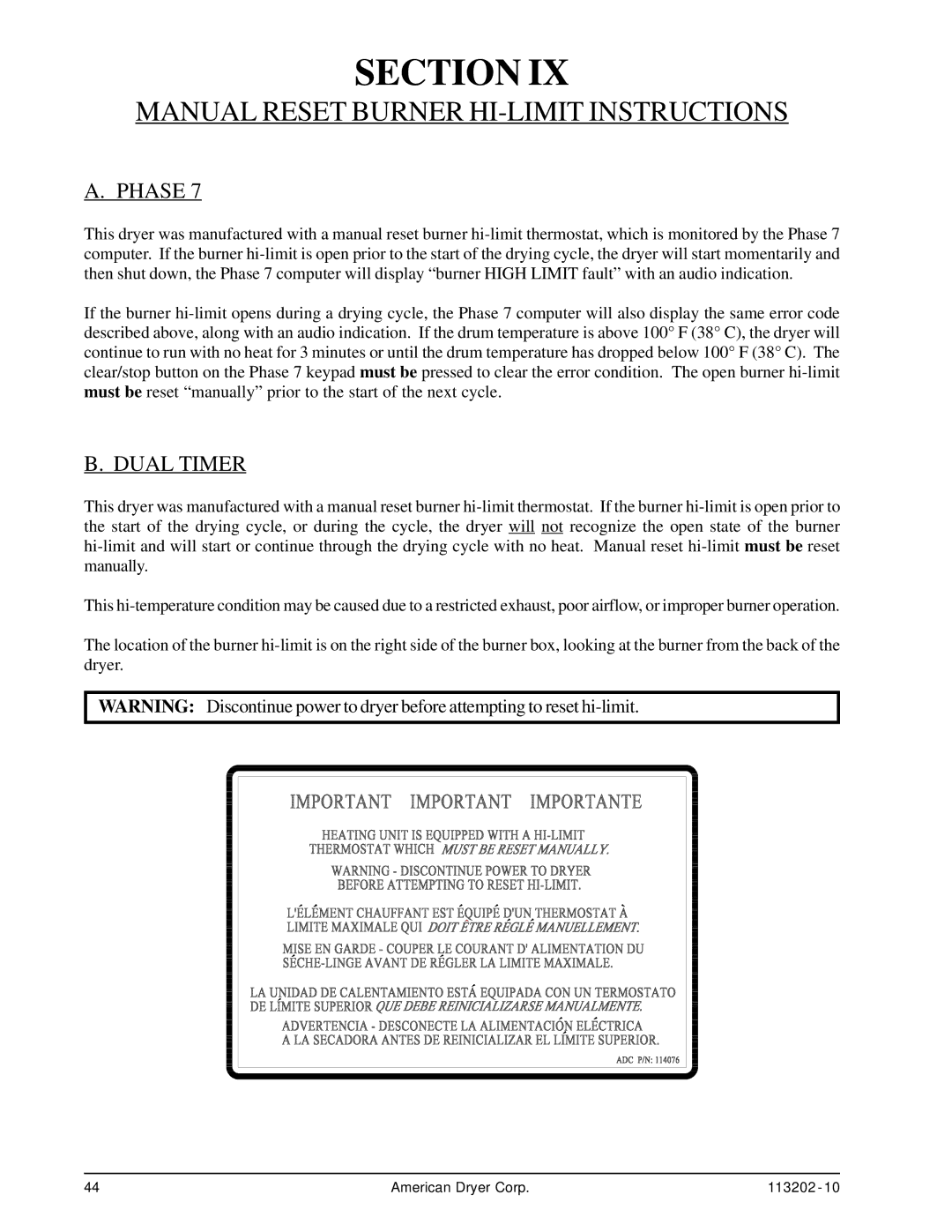 ADC AD-115ES installation manual Manual Reset Burner HI-LIMIT Instructions, Phase, Dual Timer 