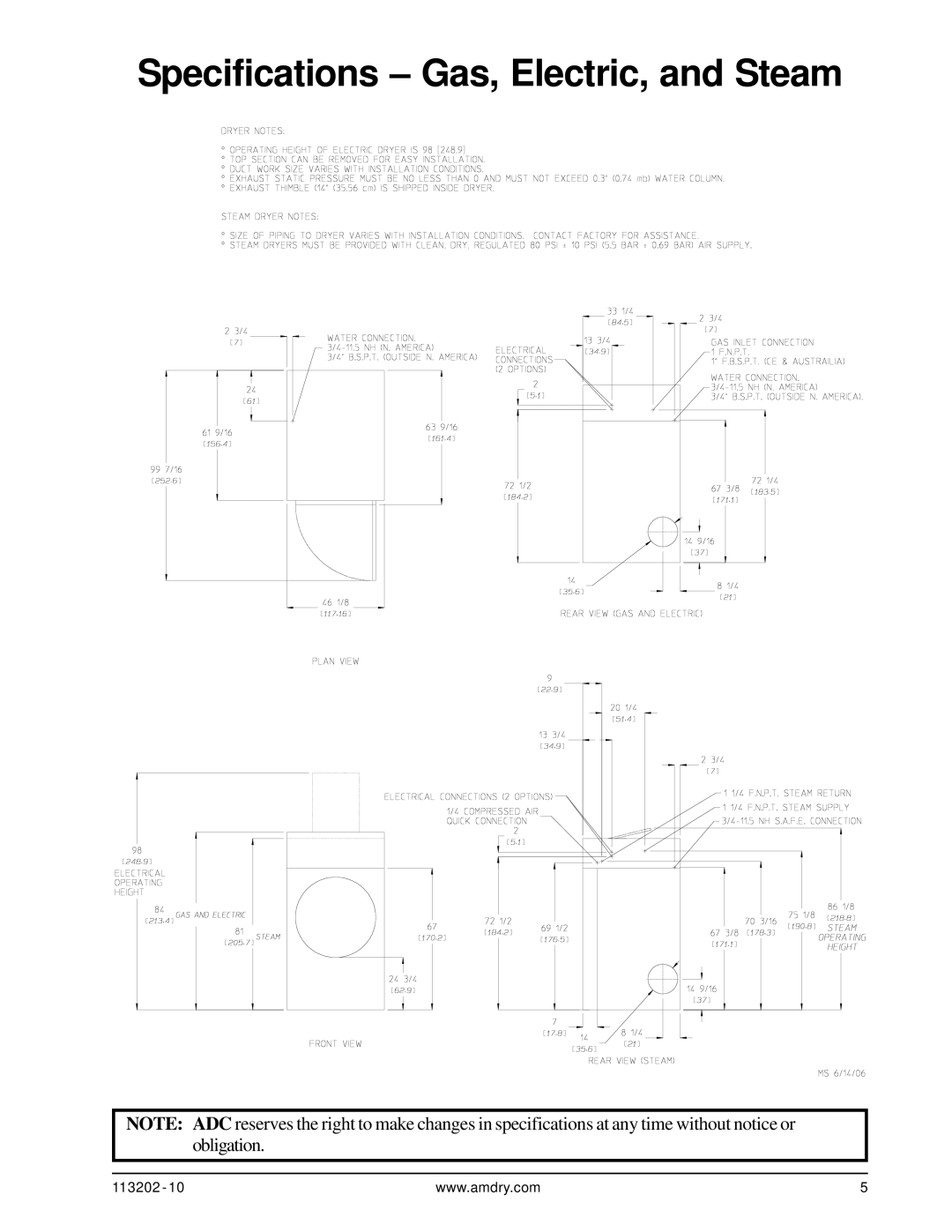 ADC AD-115ES installation manual Specifications Gas, Electric, and Steam 