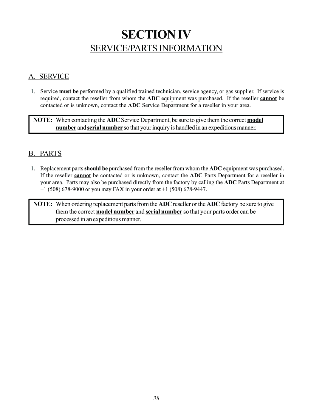 ADC AD-170SE installation manual SERVICE/PARTS Information, Service, Parts 