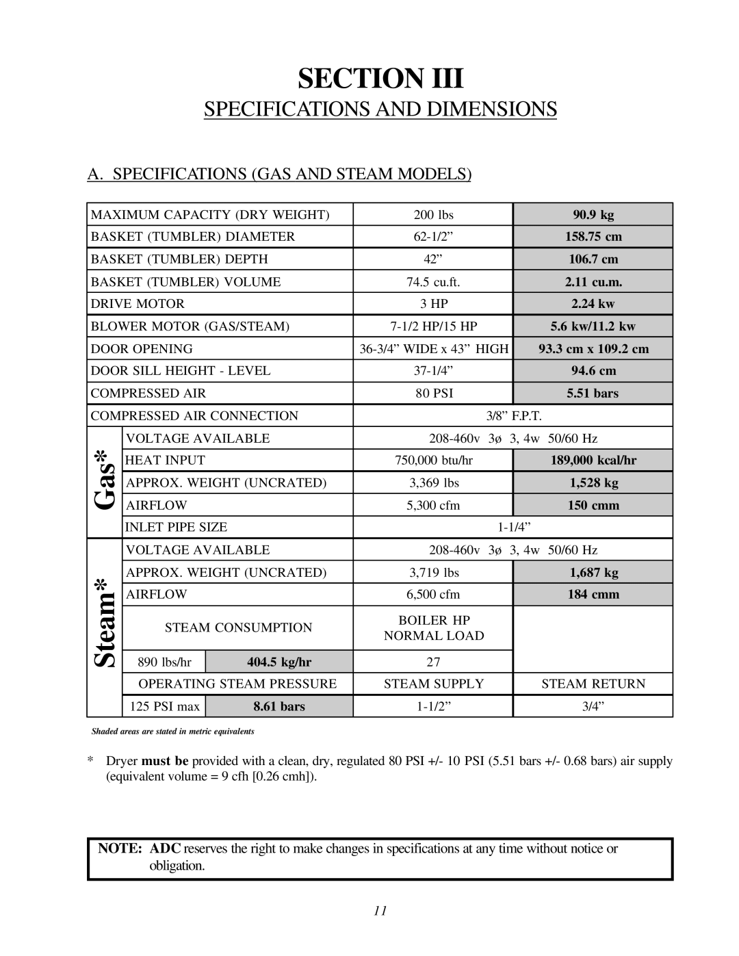 ADC AD-200 service manual Specifications and Dimensions, Specifications GAS and Steam Models 