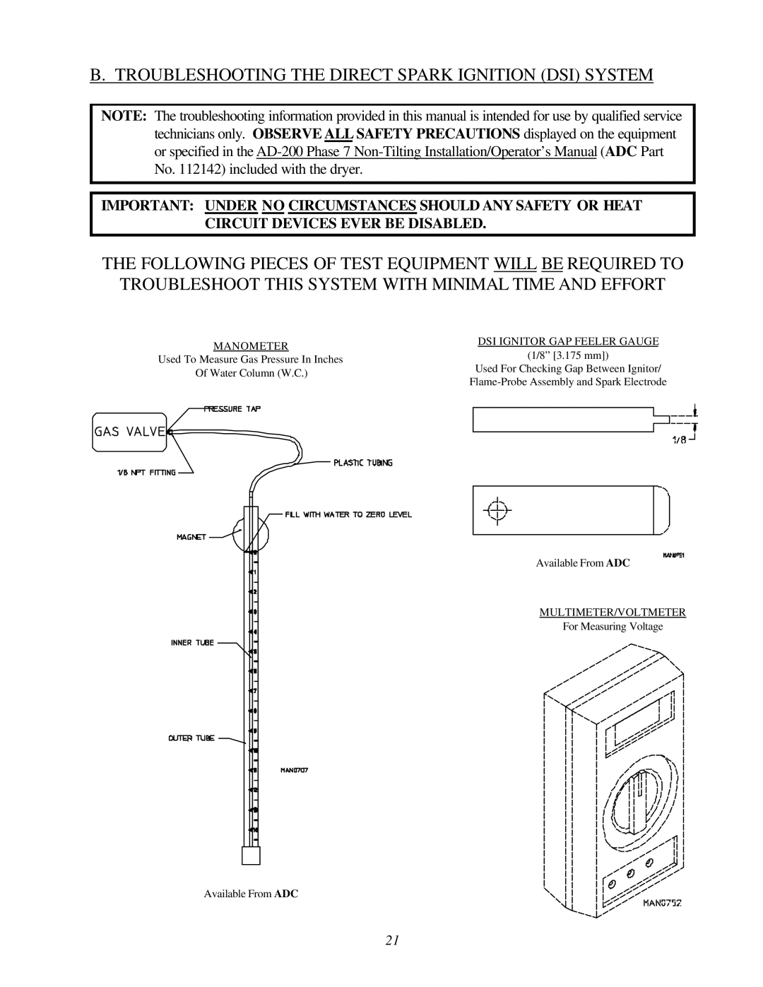 ADC AD-200 service manual Troubleshooting the Direct Spark Ignition DSI System, Manometer DSI Ignitor GAP Feeler Gauge 