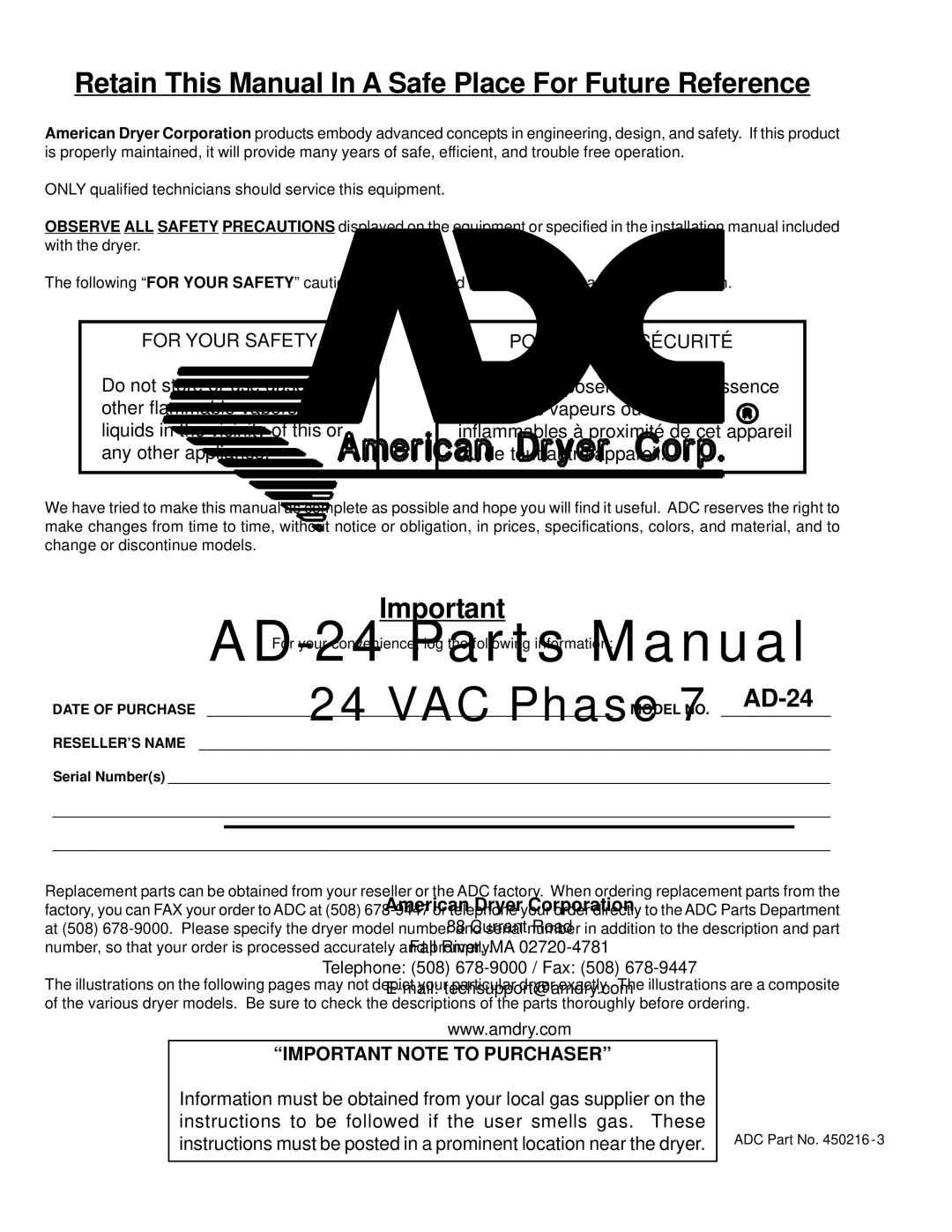 ADC AD-24 manual Retain This Manual In a Safe Place For Future Reference 