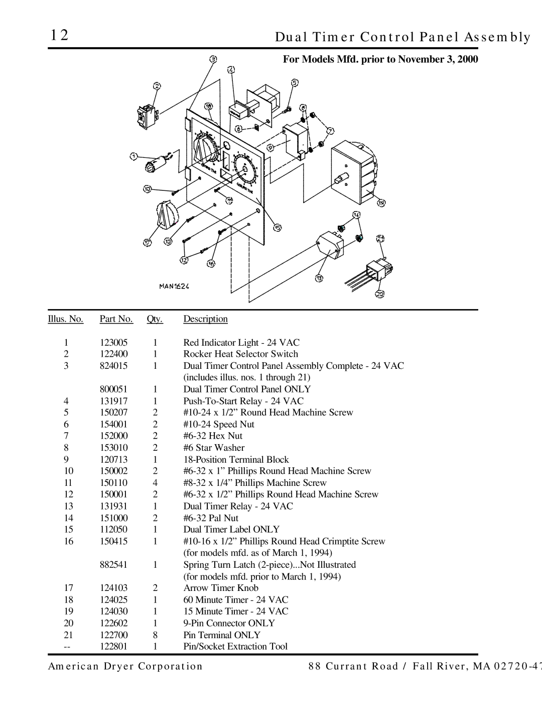 ADC AD-25, AD-15 manual Dual Timer Control Panel Assembly, For Models Mfd. prior to November 3 