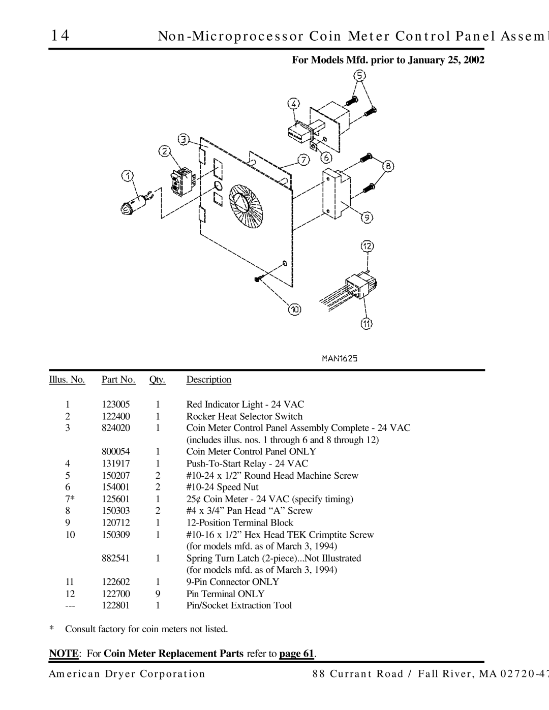 ADC AD-25, AD-15 manual Non-Microprocessor Coin Meter Control Panel Assembly, For Models Mfd. prior to January 25 