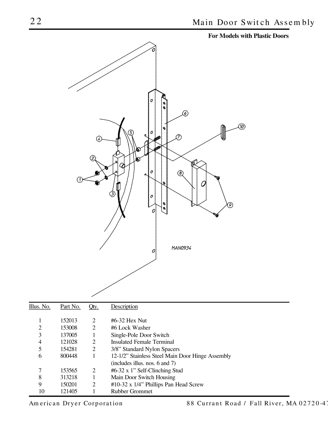 ADC AD-25, AD-15 manual Main Door Switch Assembly, For Models with Plastic Doors 