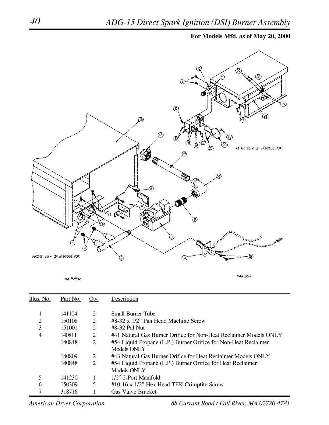 ADC AD-25, AD-15 manual ADG-15 Direct Spark Ignition DSI Burner Assembly, For Models Mfd. as of May 20 