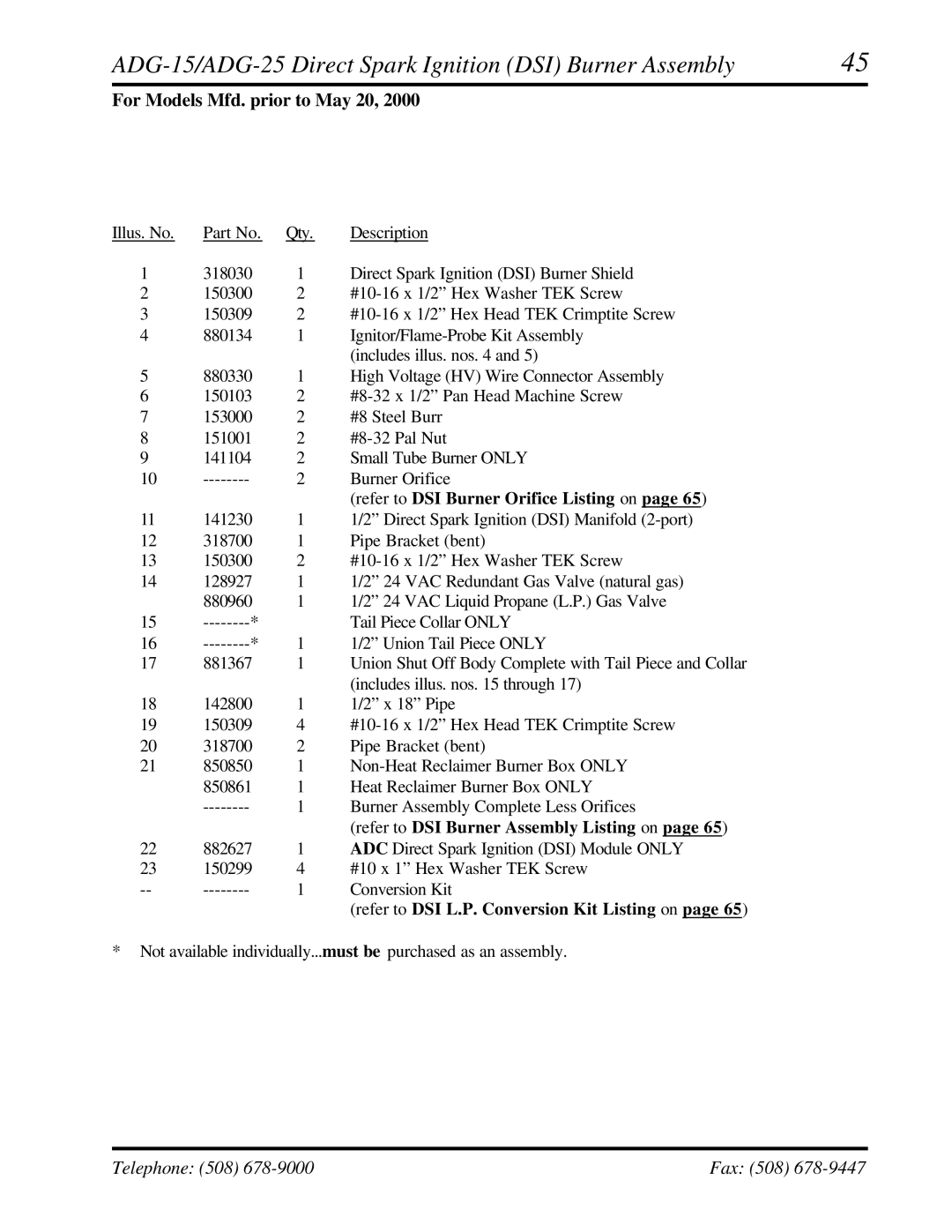 ADC AD-15, AD-25 manual ADG-15/ADG-25 Direct Spark Ignition DSI Burner Assembly, Refer to DSI Burner Orifice Listing on 