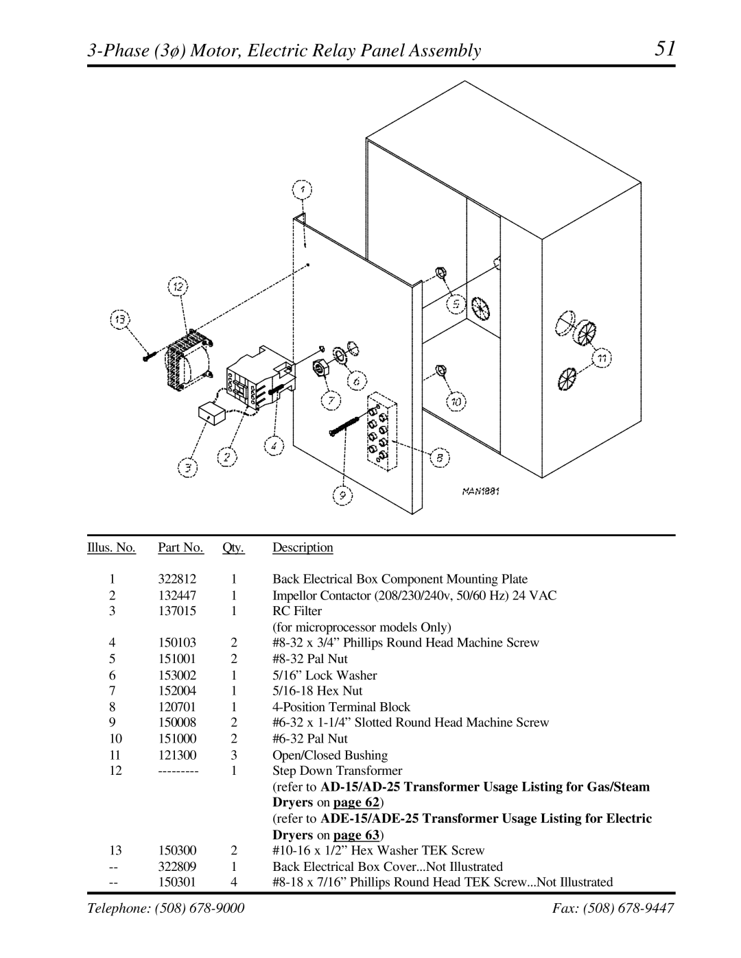 ADC AD-15, AD-25 manual Phase 3ø Motor, Electric Relay Panel Assembly 