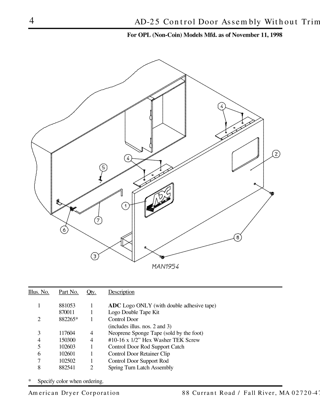 ADC AD-15 manual AD-25 Control Door Assembly Without Trim, For OPL Non-Coin Models Mfd. as of November 11 