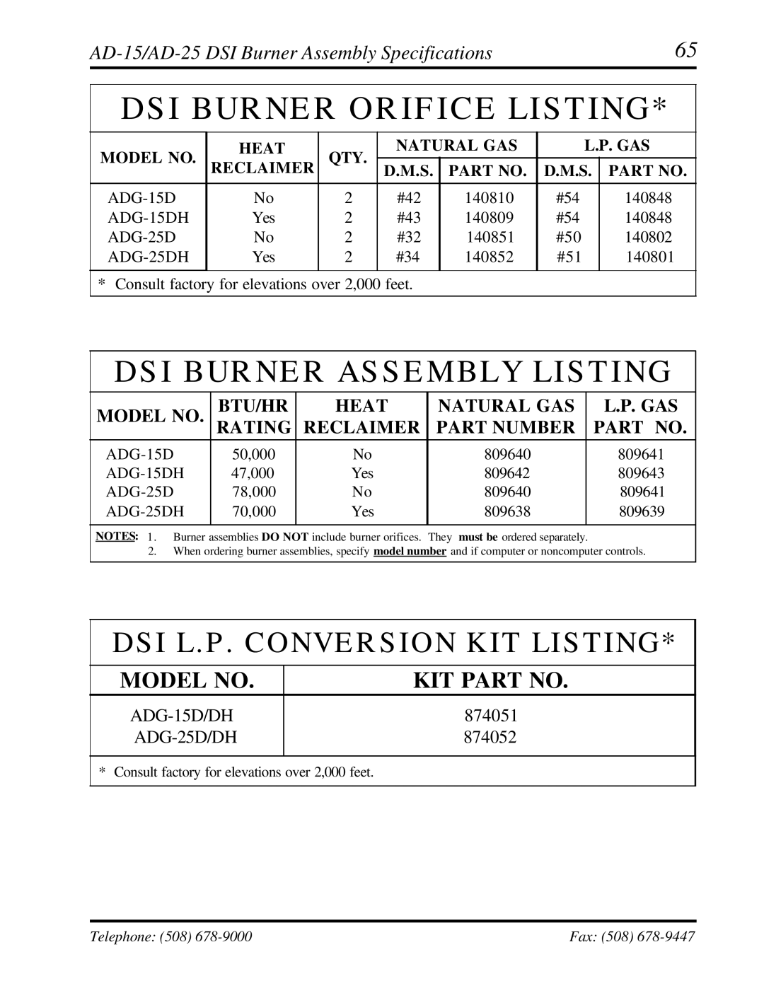 ADC manual DSI Burner Orifice Listing, AD-15/AD-25 DSI Burner Assembly Specifications 