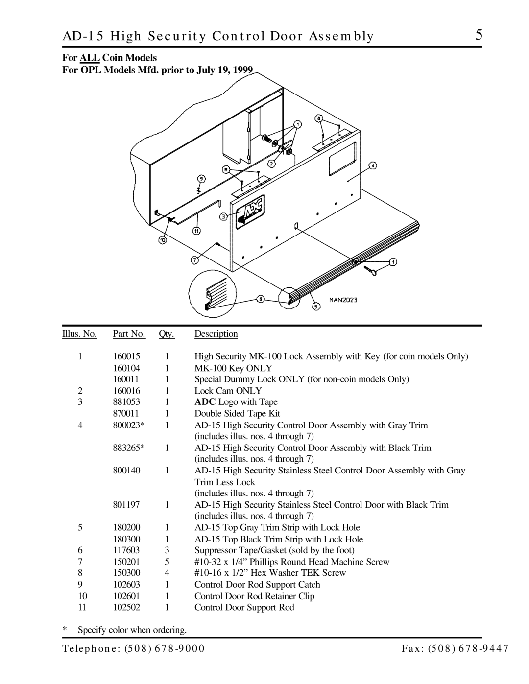 ADC AD-25 manual AD-15 High Security Control Door Assembly, For ALL Coin Models For OPL Models Mfd. prior to July 19 