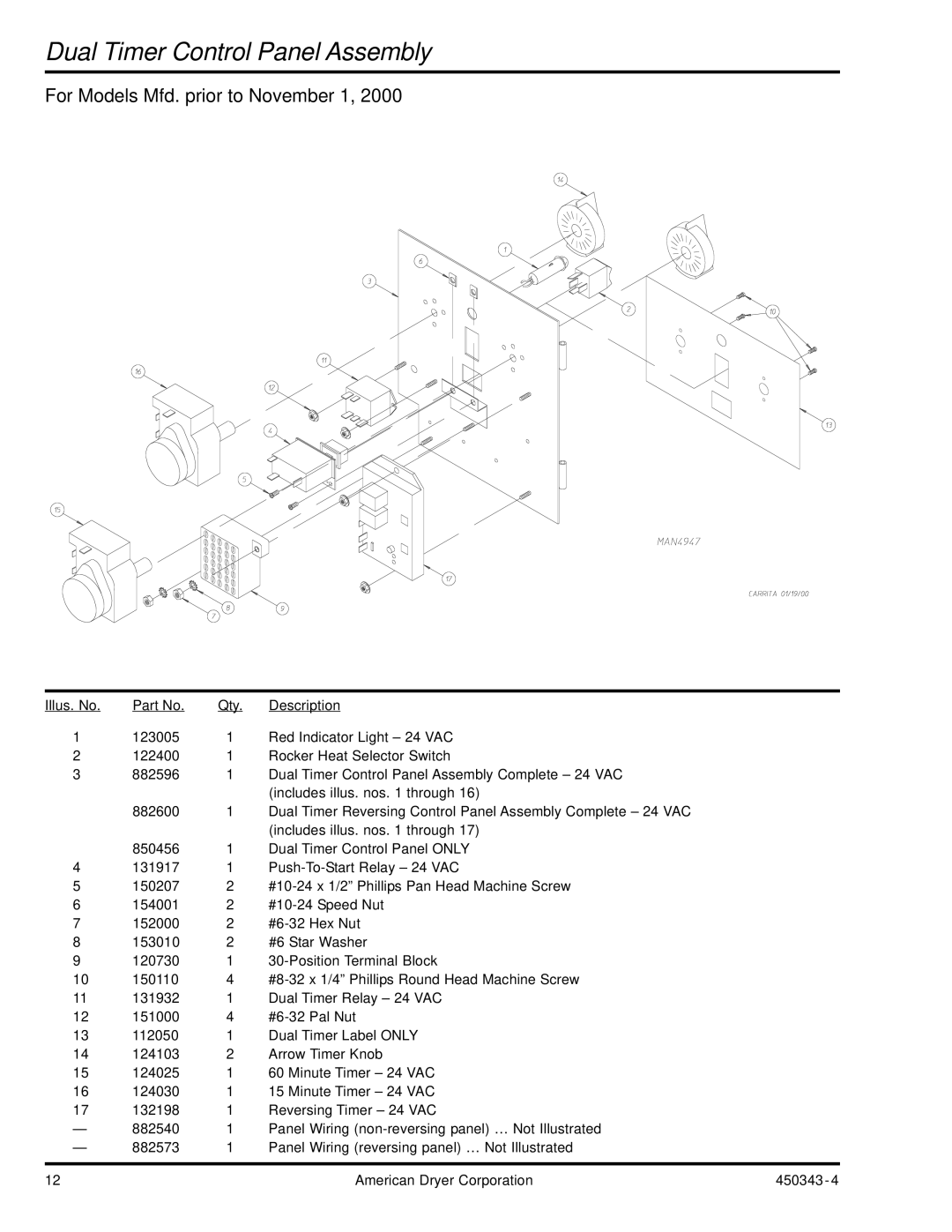 ADC AD-30V manual Dual Timer Control Panel Assembly, For Models Mfd. prior to November 1 