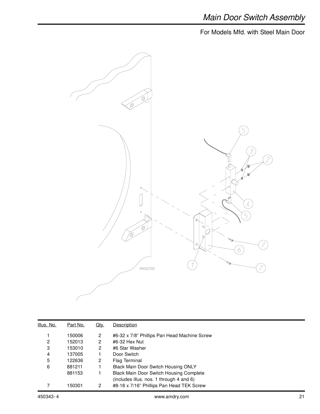 ADC AD-30V manual Main Door Switch Assembly, For Models Mfd. with Steel Main Door 