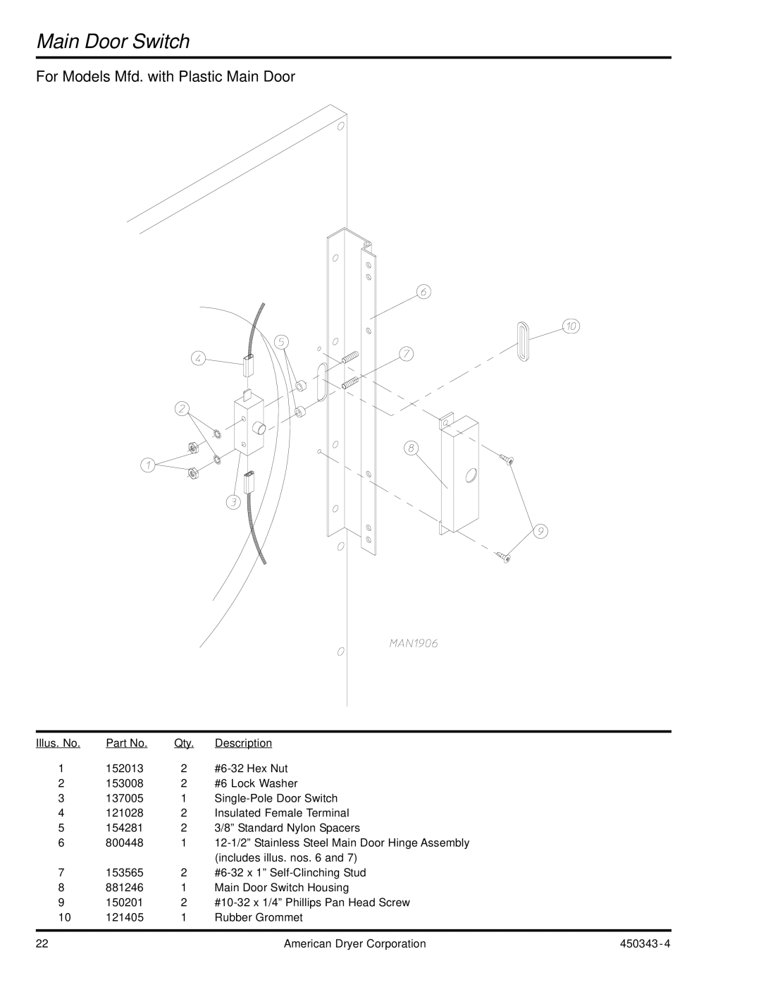 ADC AD-30V manual Main Door Switch, For Models Mfd. with Plastic Main Door 