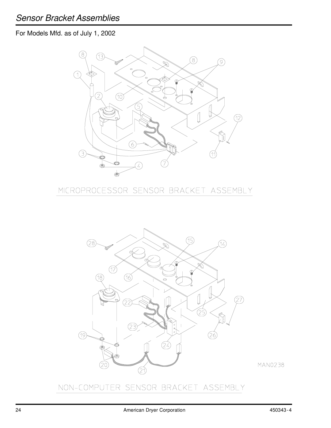 ADC AD-30V manual Sensor Bracket Assemblies, For Models Mfd. as of July 1 