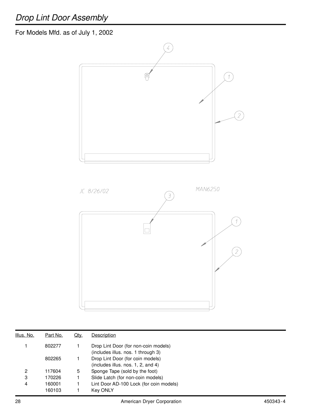 ADC AD-30V manual Drop Lint Door Assembly, For Models Mfd. as of July 1 