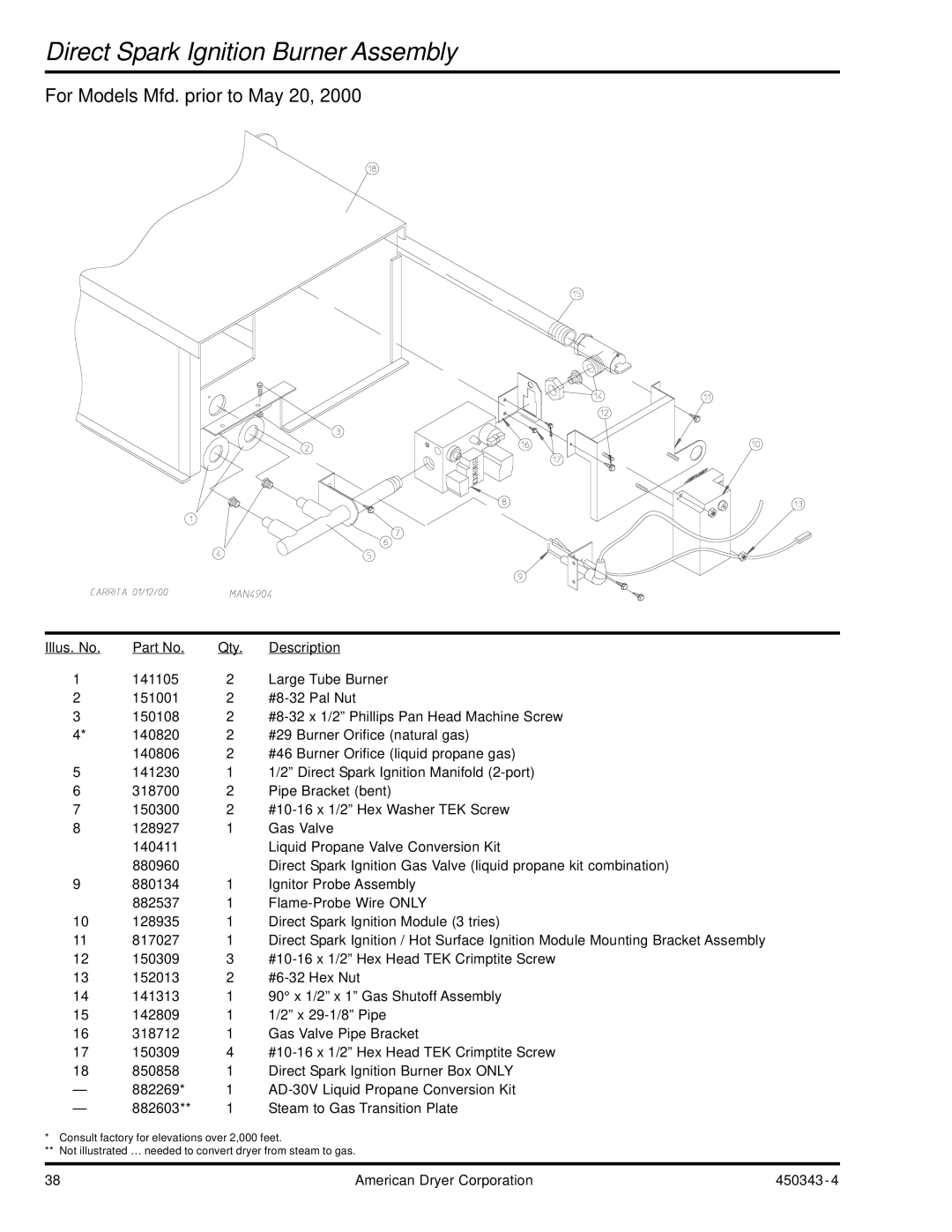 ADC AD-30V manual Direct Spark Ignition Burner Assembly, For Models Mfd. prior to May 20 