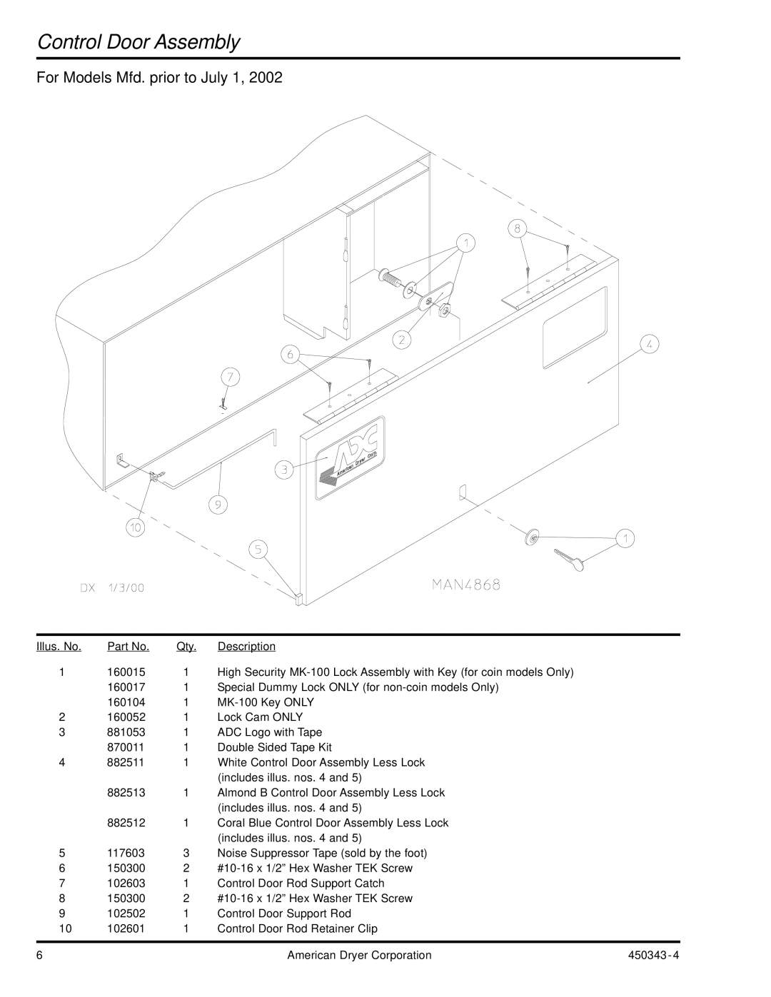 ADC AD-30V manual Control Door Assembly, For Models Mfd. prior to July 1 