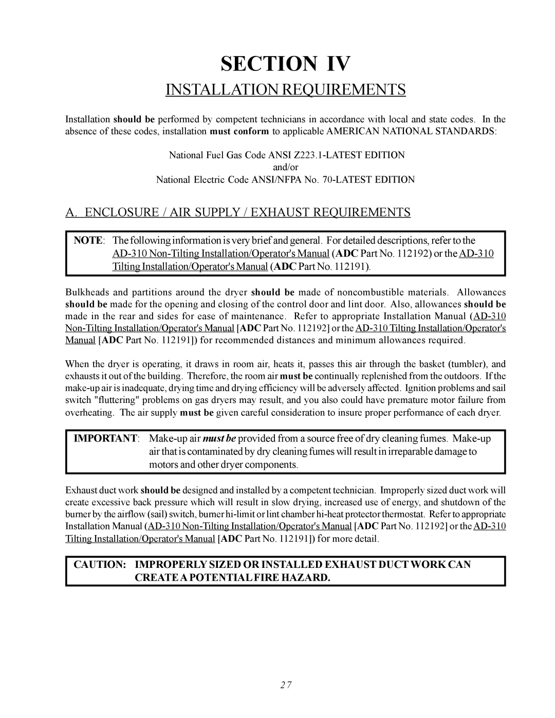 ADC AD-310 service manual Installation Requirements, Enclosure / AIR Supply / Exhaust Requirements 