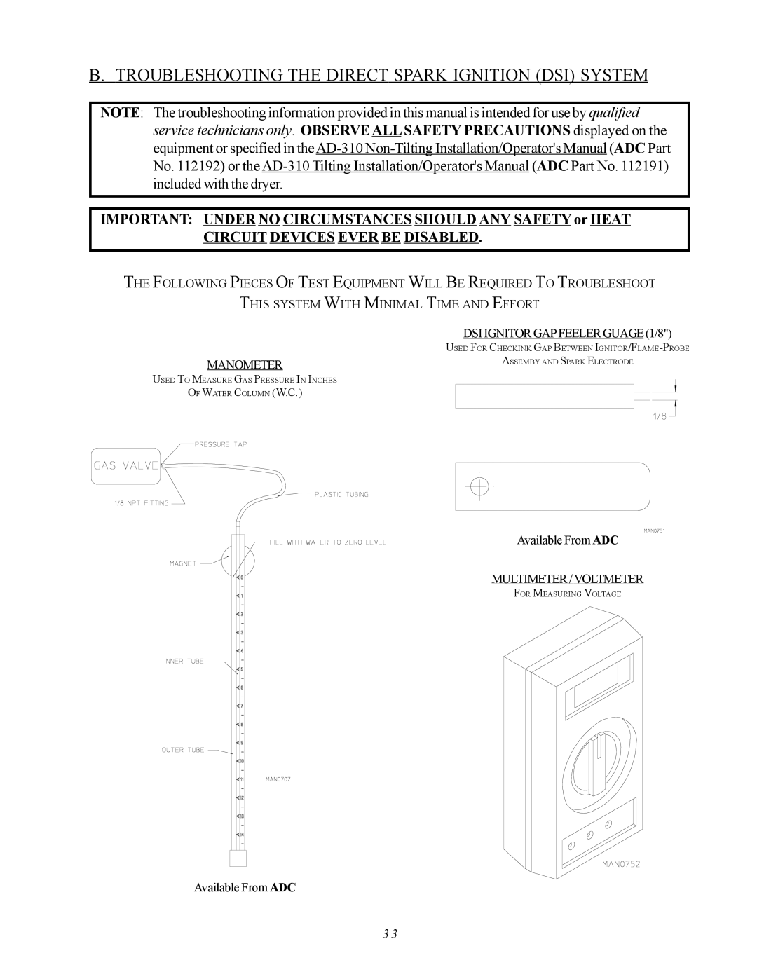 ADC AD-310 service manual Troubleshooting the Direct Spark Ignition DSI System, Manometer 