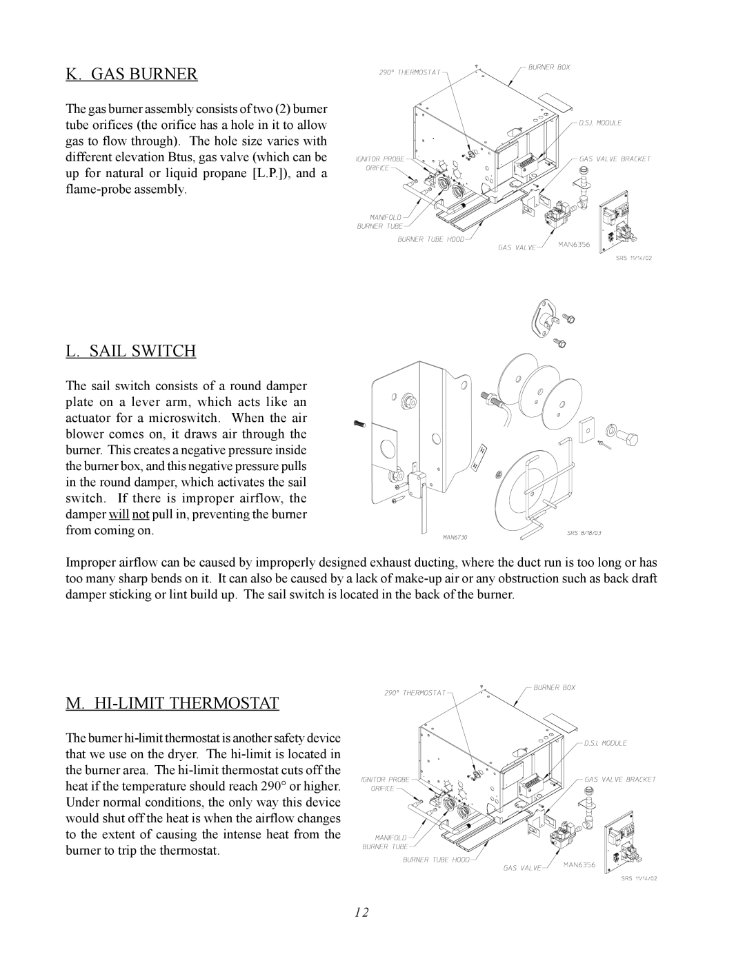 ADC AD-360X2 manual GAS Burner, Sail Switch, HI-LIMIT Thermostat 