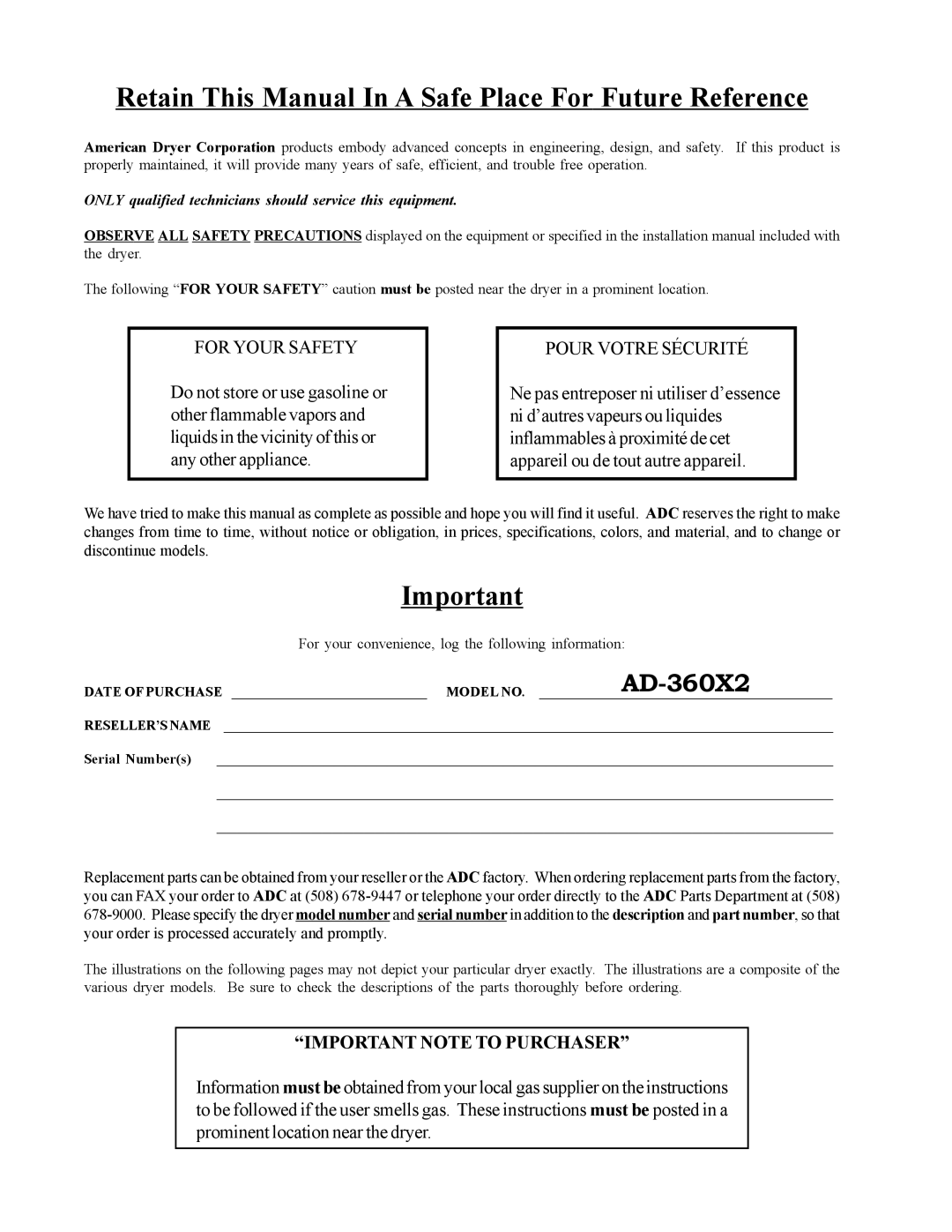 ADC AD-360X2 manual Retain This Manual In a Safe Place For Future Reference 