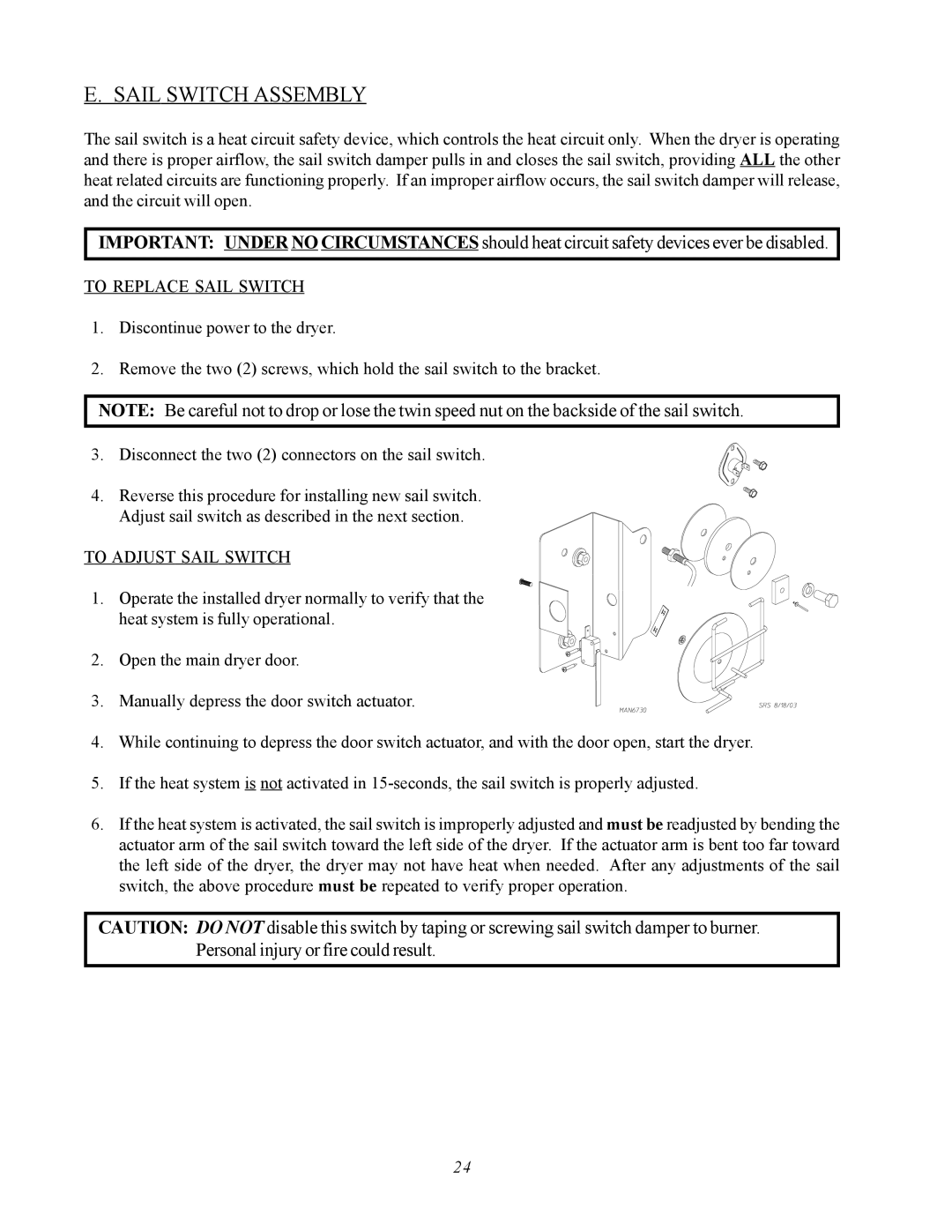 ADC AD-360X2 manual Sail Switch Assembly, To Replace Sail Switch, To Adjust Sail Switch 