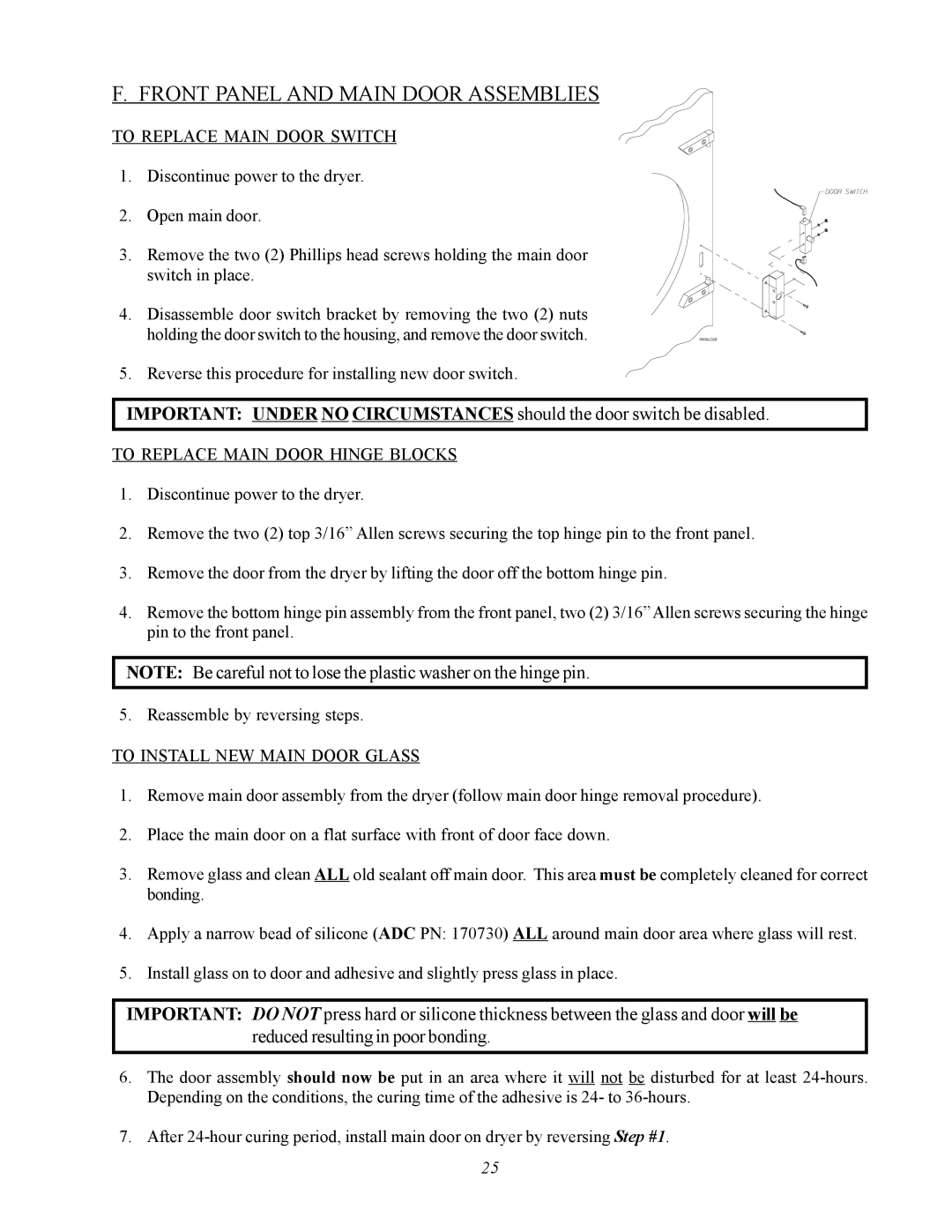 ADC AD-360X2 manual Front Panel and Main Door Assemblies, To Replace Main Door Switch, To Replace Main Door Hinge Blocks 