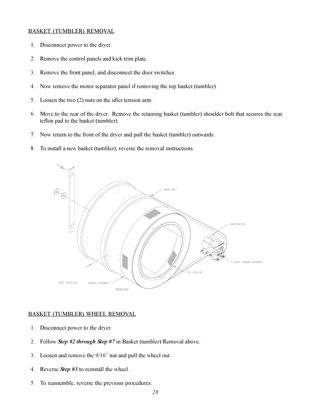 ADC AD-360X2 manual Basket Tumbler Removal, Basket Tumbler Wheel Removal 