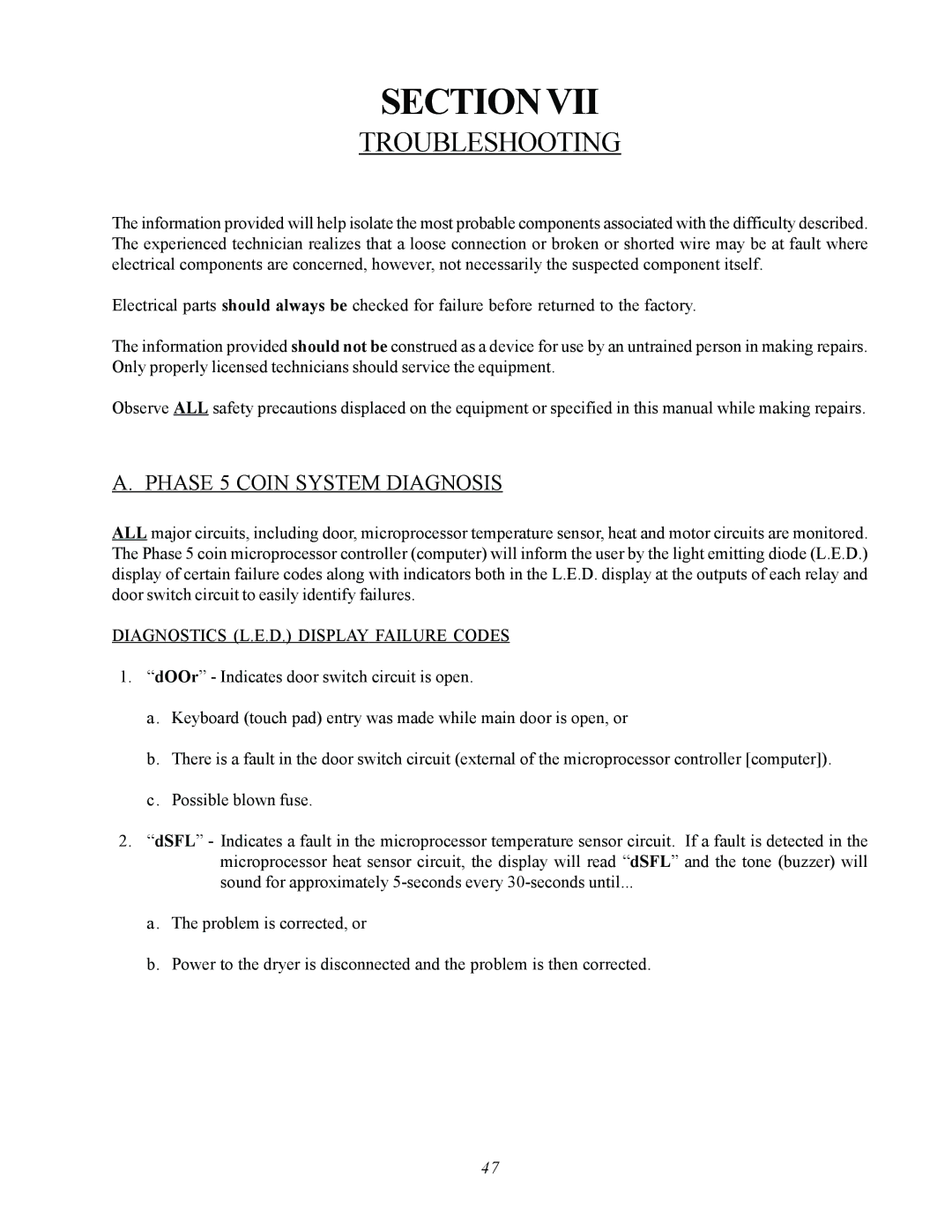 ADC AD-360X2 manual Troubleshooting, Phase 5 Coin System Diagnosis, Diagnostics L.E.D. Display Failure Codes 