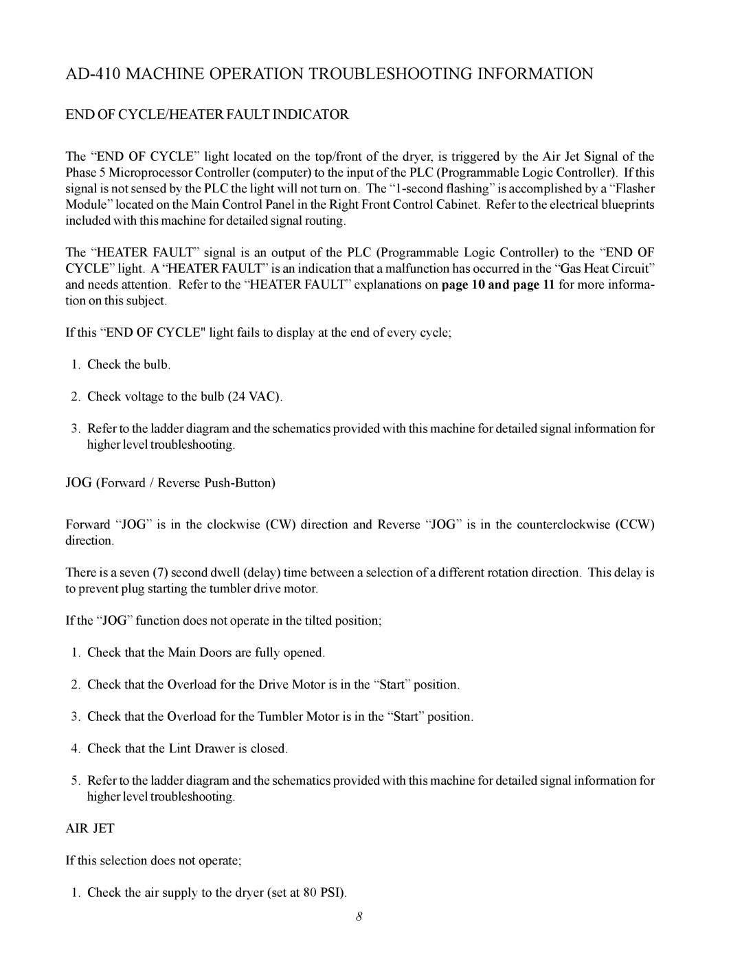 ADC service manual AD-410 Machine Operation Troubleshooting Information, Air Jet 