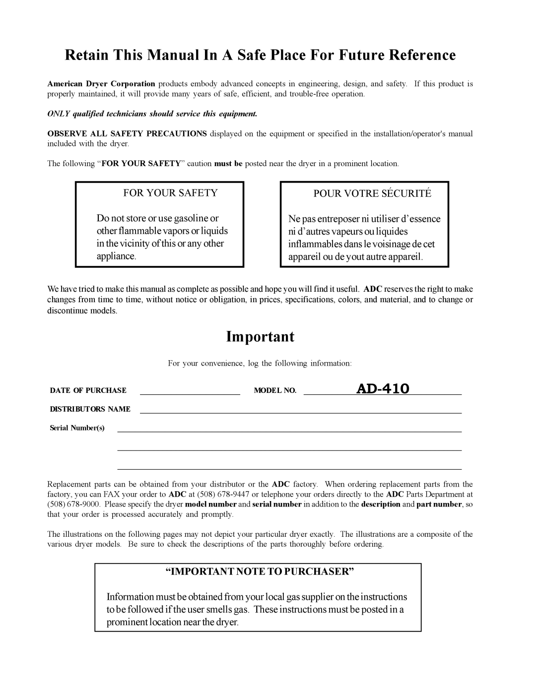 ADC AD-410 service manual Retain This Manual In a Safe Place For Future Reference, Important Note to Purchaser 