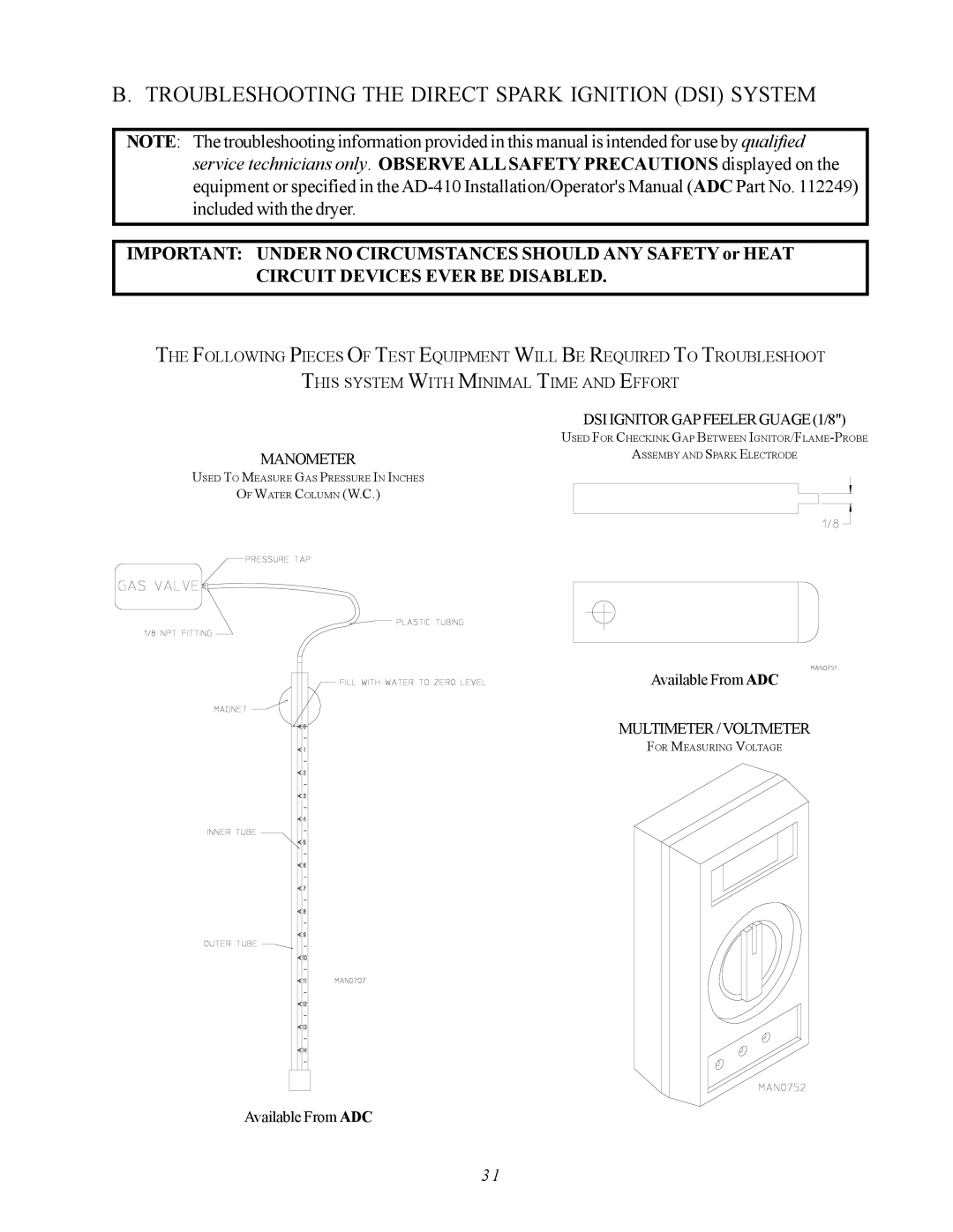 ADC AD-410 service manual Troubleshooting the Direct Spark Ignition DSI System, Manometer 