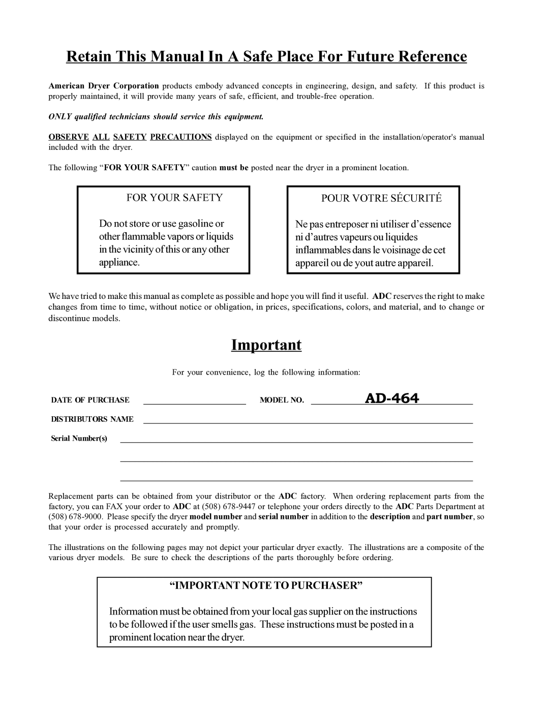 ADC AD-464 service manual Retain This Manual In a Safe Place For Future Reference, Important Note to Purchaser 