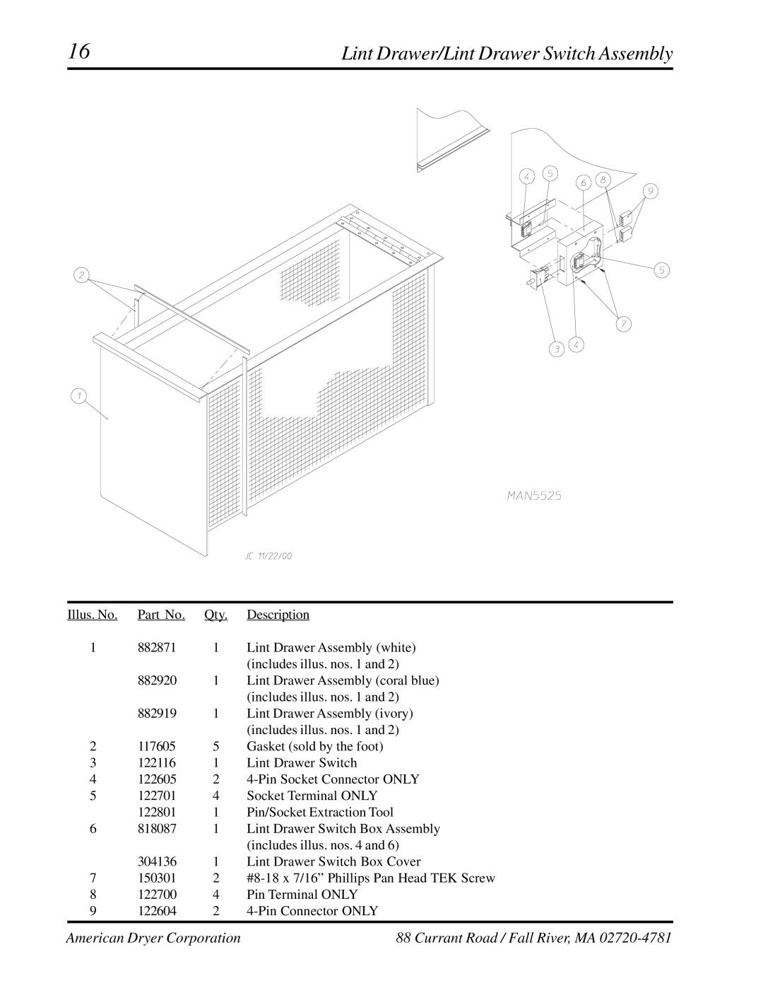 ADC AD-758DV manual Lint Drawer/Lint Drawer Switch Assembly 