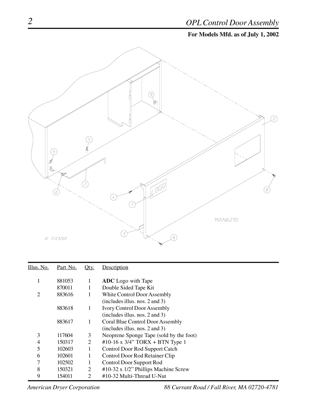 ADC AD-758DV manual OPL Control Door Assembly 