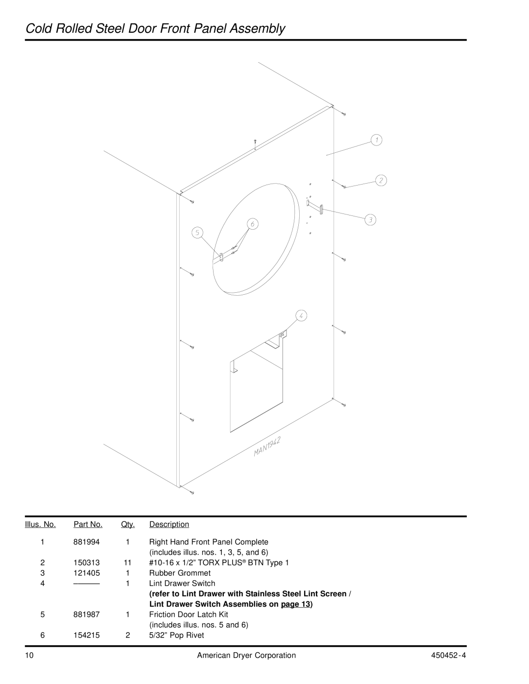 ADC AD-81 manual Cold Rolled Steel Door Front Panel Assembly 