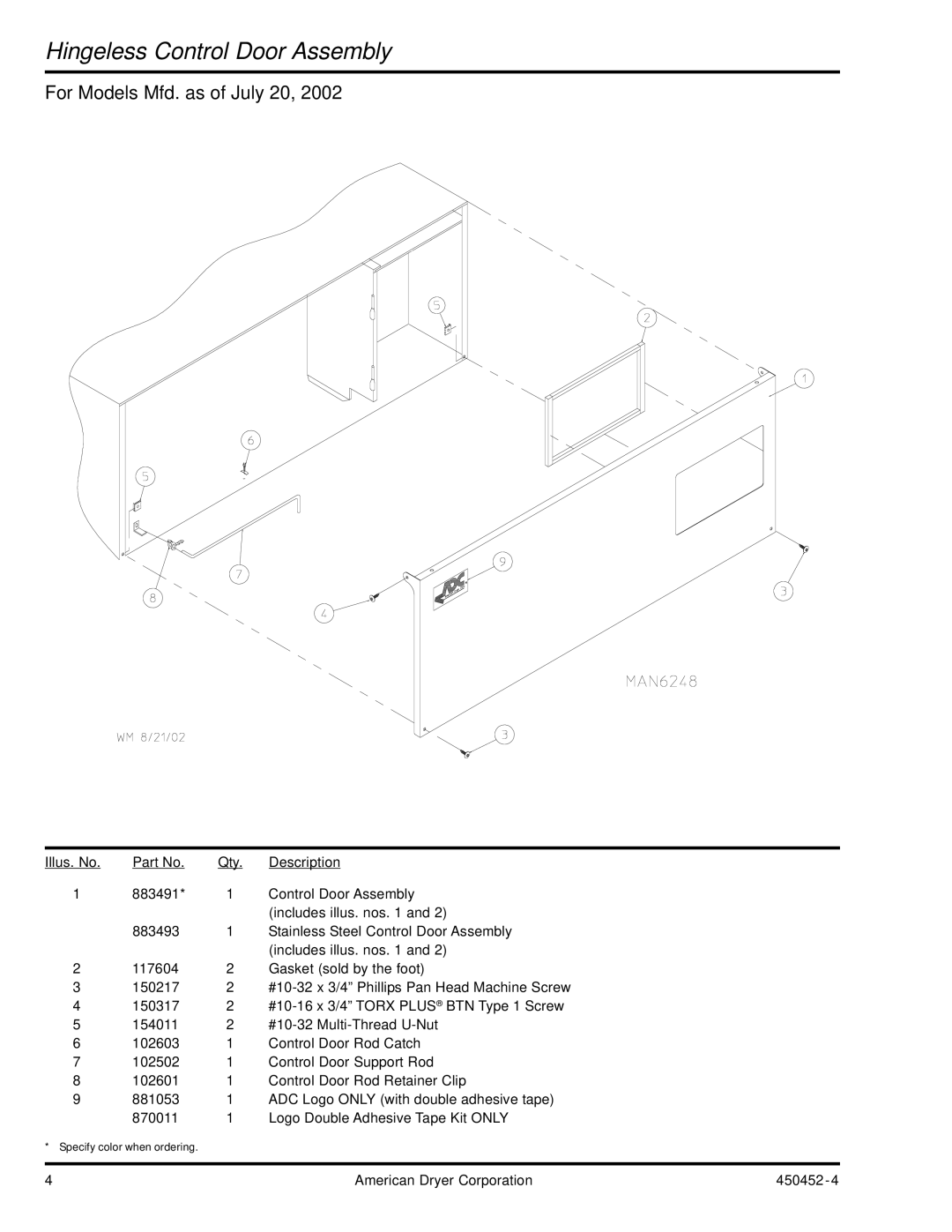 ADC AD-81 manual Hingeless Control Door Assembly, For Models Mfd. as of July 20 