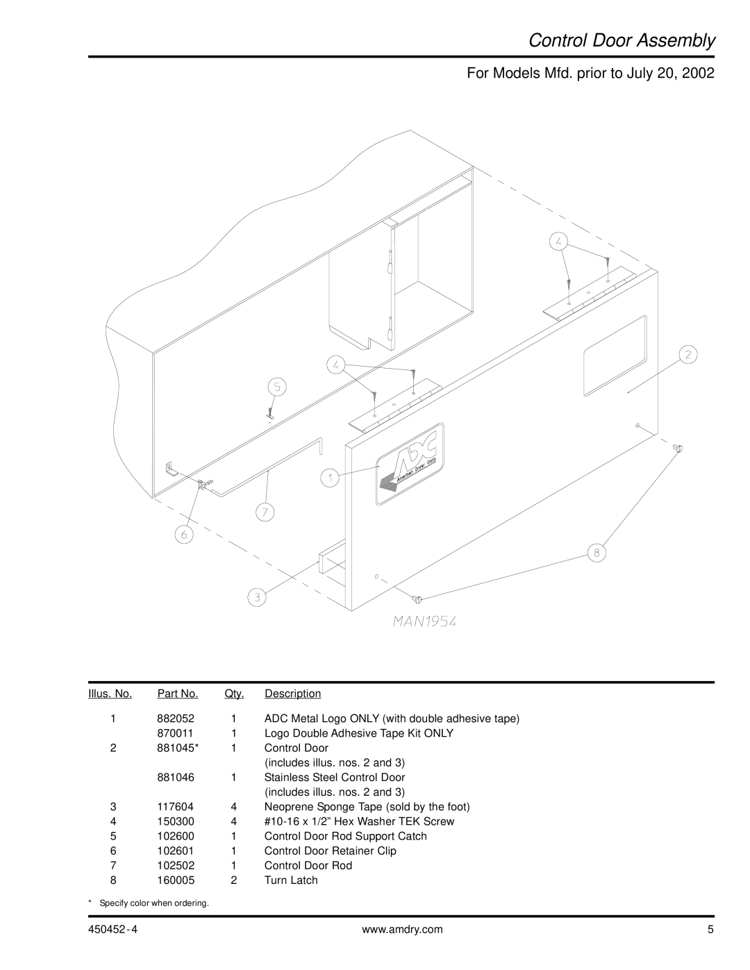 ADC AD-81 manual Control Door Assembly, For Models Mfd. prior to July 20 