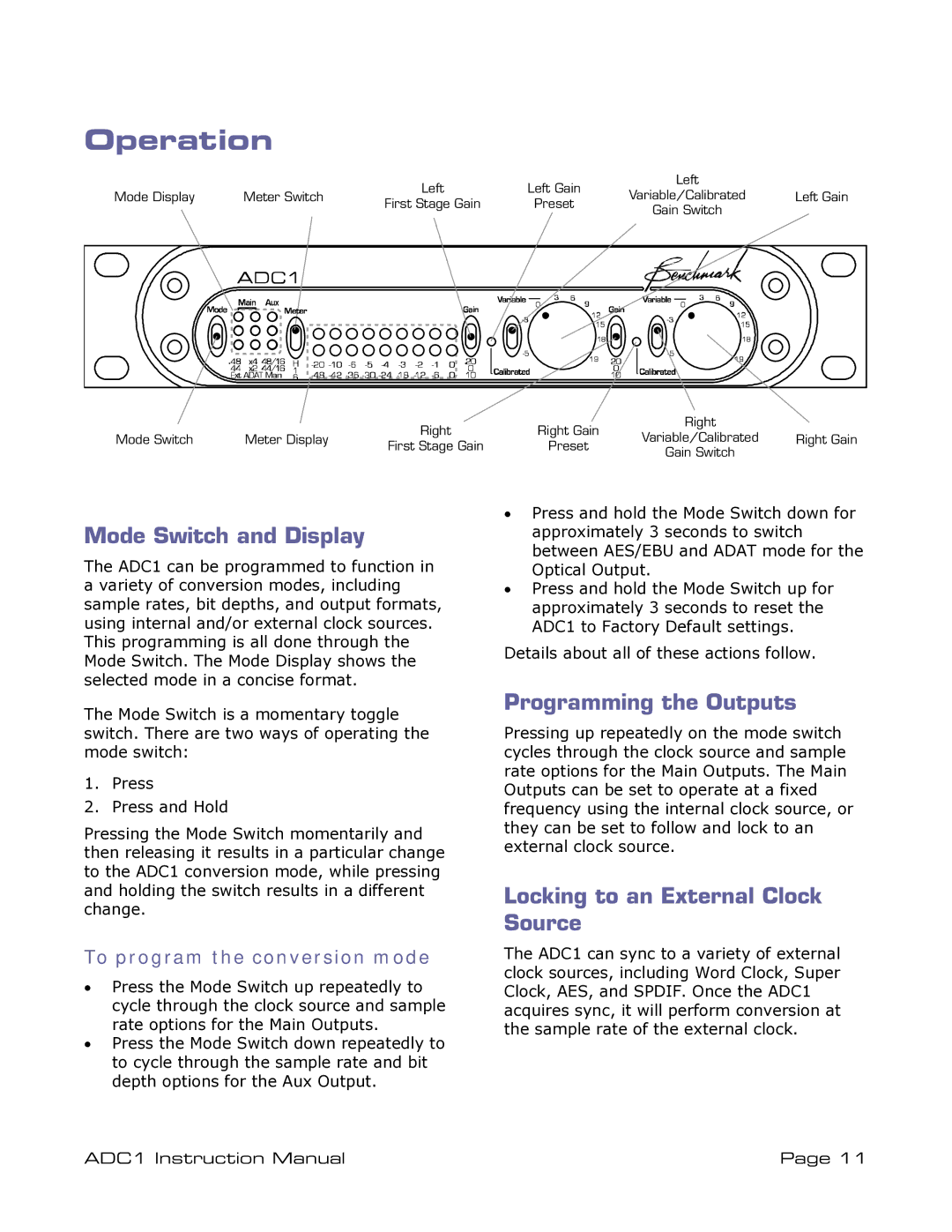 ADC ADDC1 Operation, Mode Switch and Display, Programming the Outputs, Locking to an External Clock Source 