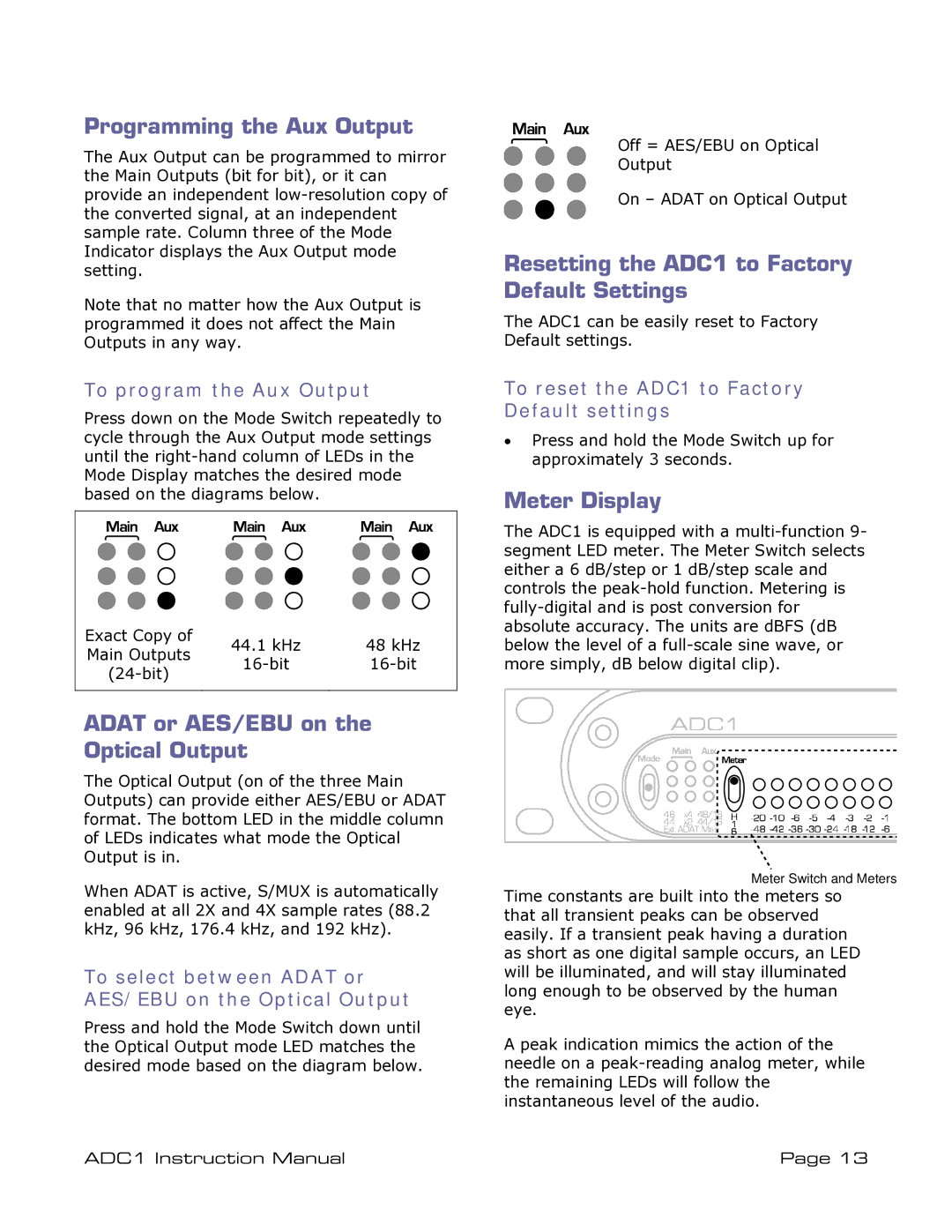 ADC ADDC1 instruction manual Programming the Aux Output, Adat or AES/EBU on the Optical Output, Meter Display 