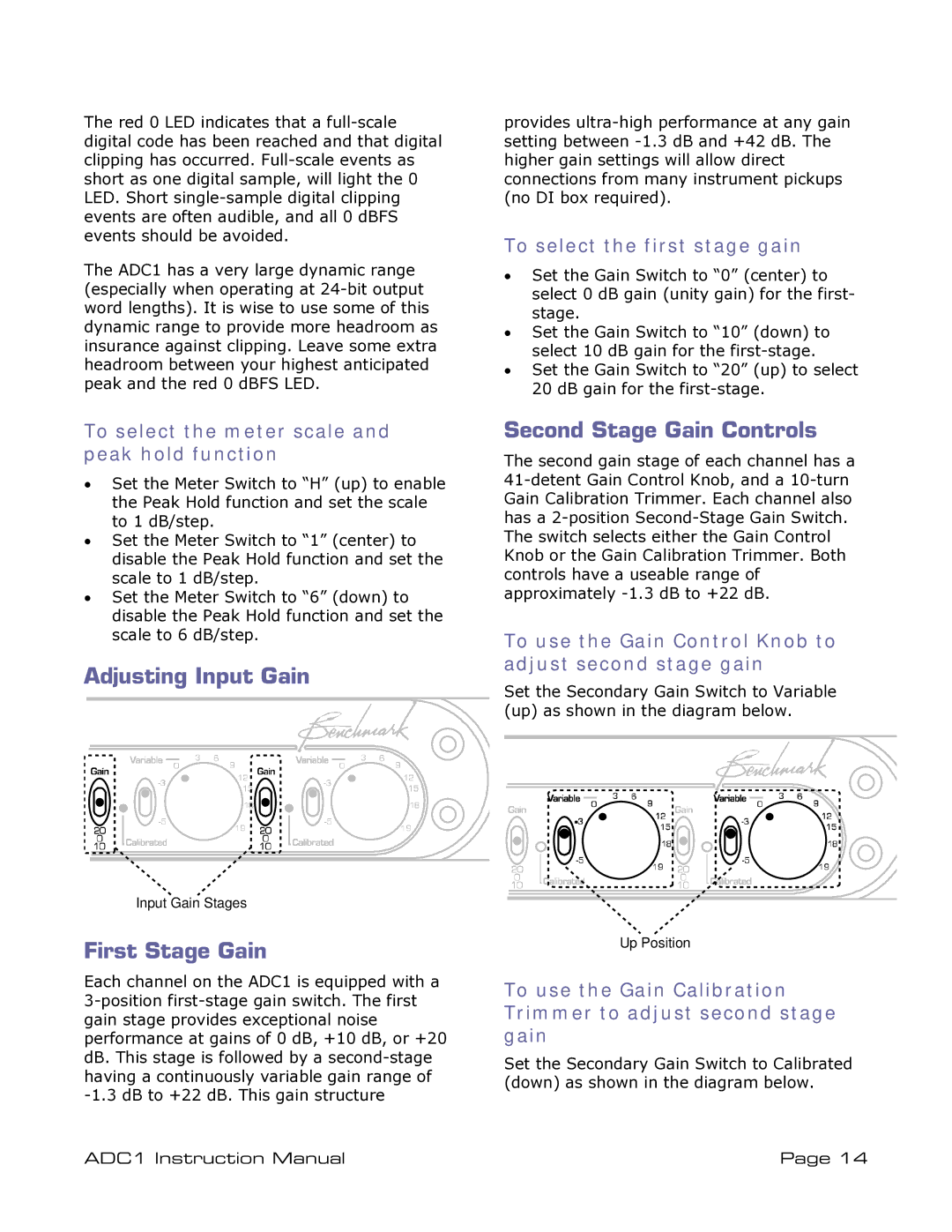 ADC ADDC1 instruction manual Adjusting Input Gain, First Stage Gain, Second Stage Gain Controls 