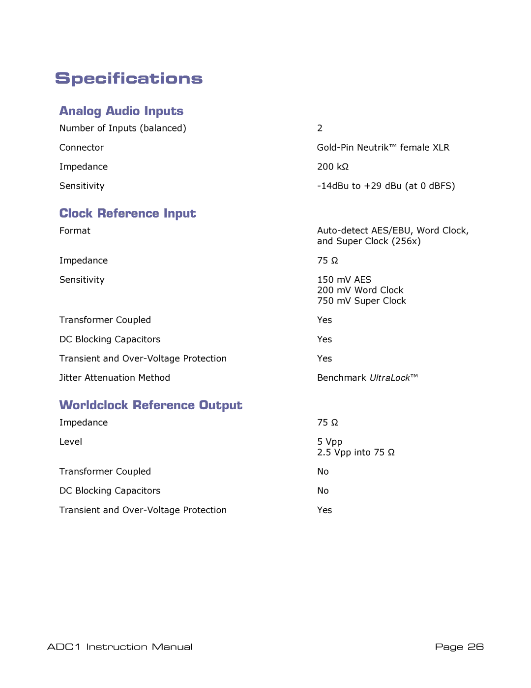 ADC ADDC1 instruction manual Specifications, Analog Audio Inputs, Worldclock Reference Output 