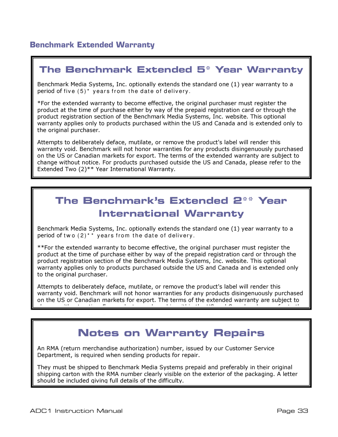 ADC ADDC1 instruction manual Benchmark Extended 5* Year Warranty, Benchmark Extended Warranty 