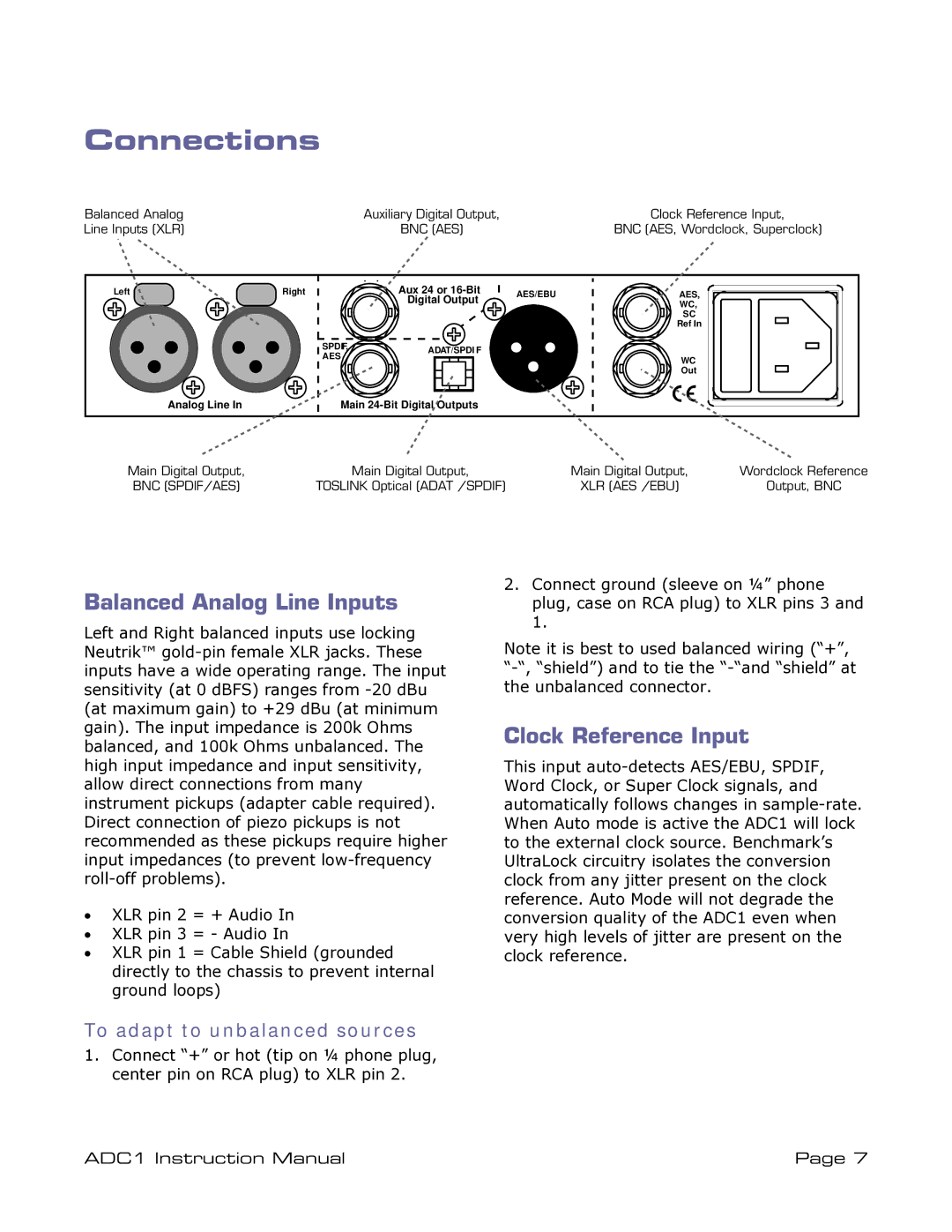 ADC ADDC1 Connections, Balanced Analog Line Inputs, Clock Reference Input, To adapt to unbalanced sources 